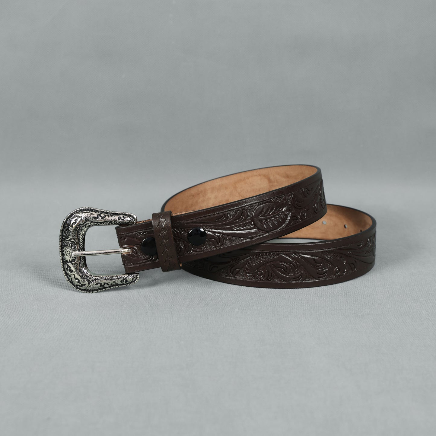 Berbanto Dark Brown Leather Western Belt with Western Engraved Rustic Silver Buckle + Free Antique Plain Buckle