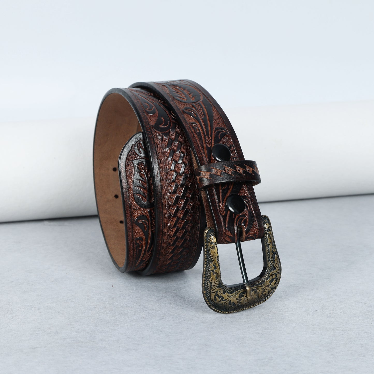Berbanto Two Tone Brown Leather Western Belt with Western Engraved Brass Buckle + Free Antique Plain Buckle