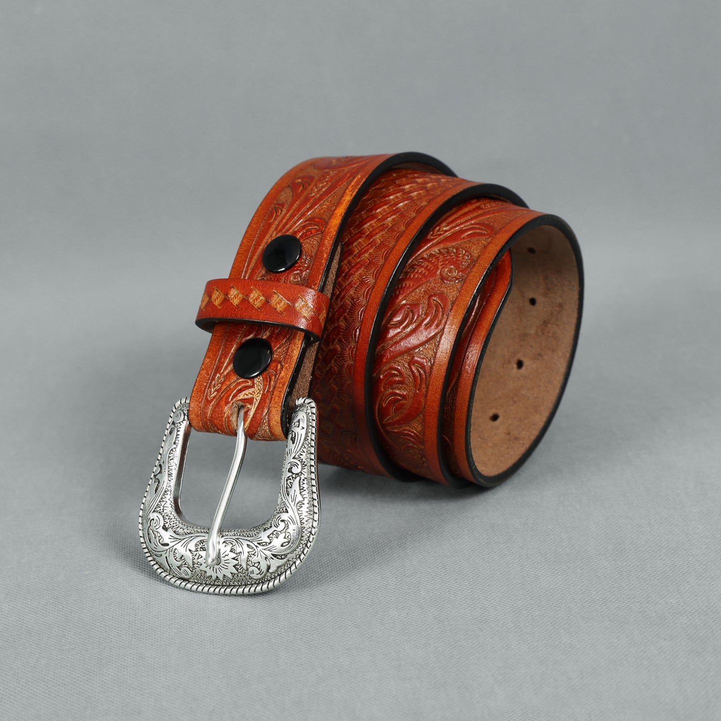 Berbanto Two Tone Tan Leather Western Belt with Western Engraved Silver Buckle + Free Antique Plain Buckle
