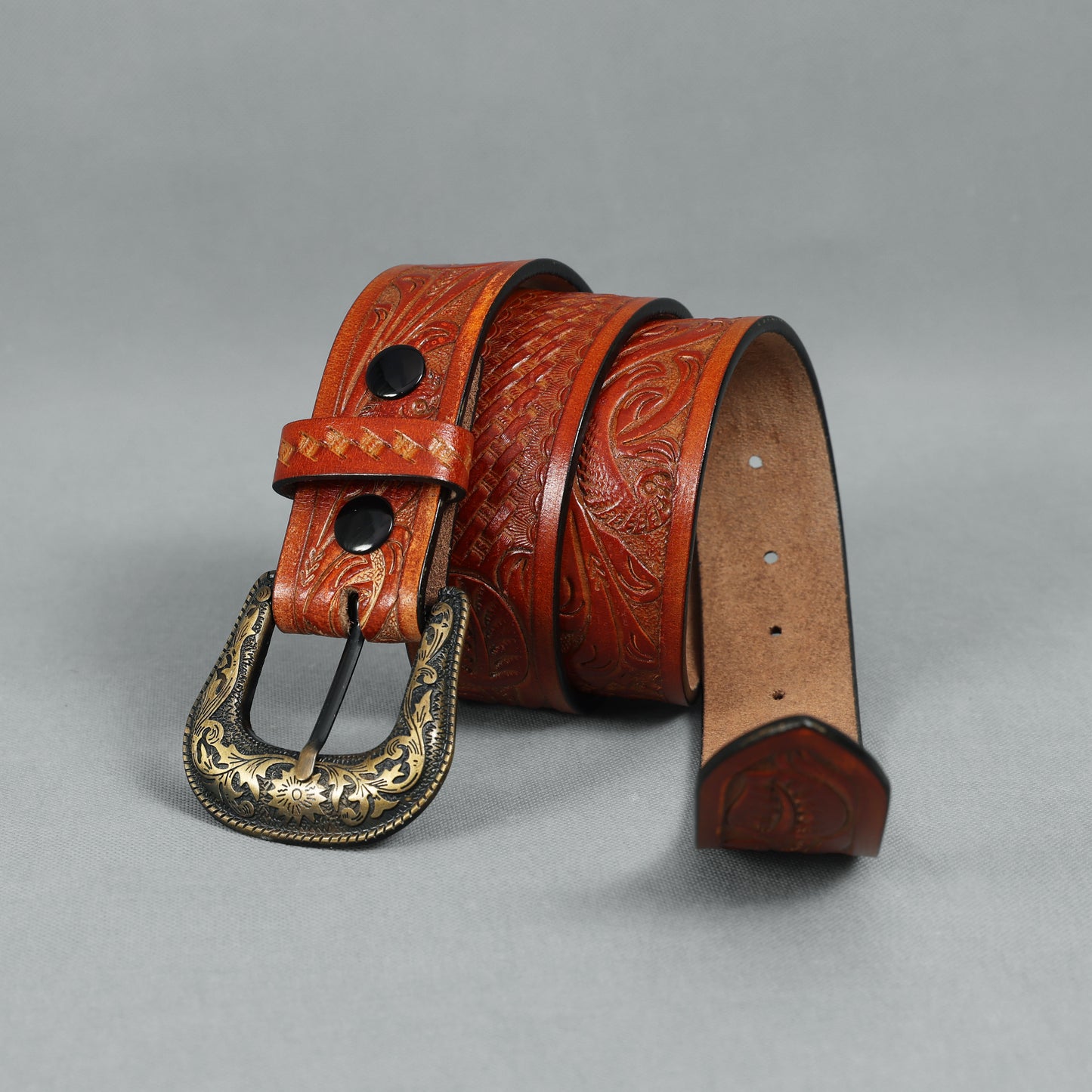 Berbanto Two Tone Tan Leather Western Belt with Western Engraved Brass Buckle + Free Antique Plain Buckle