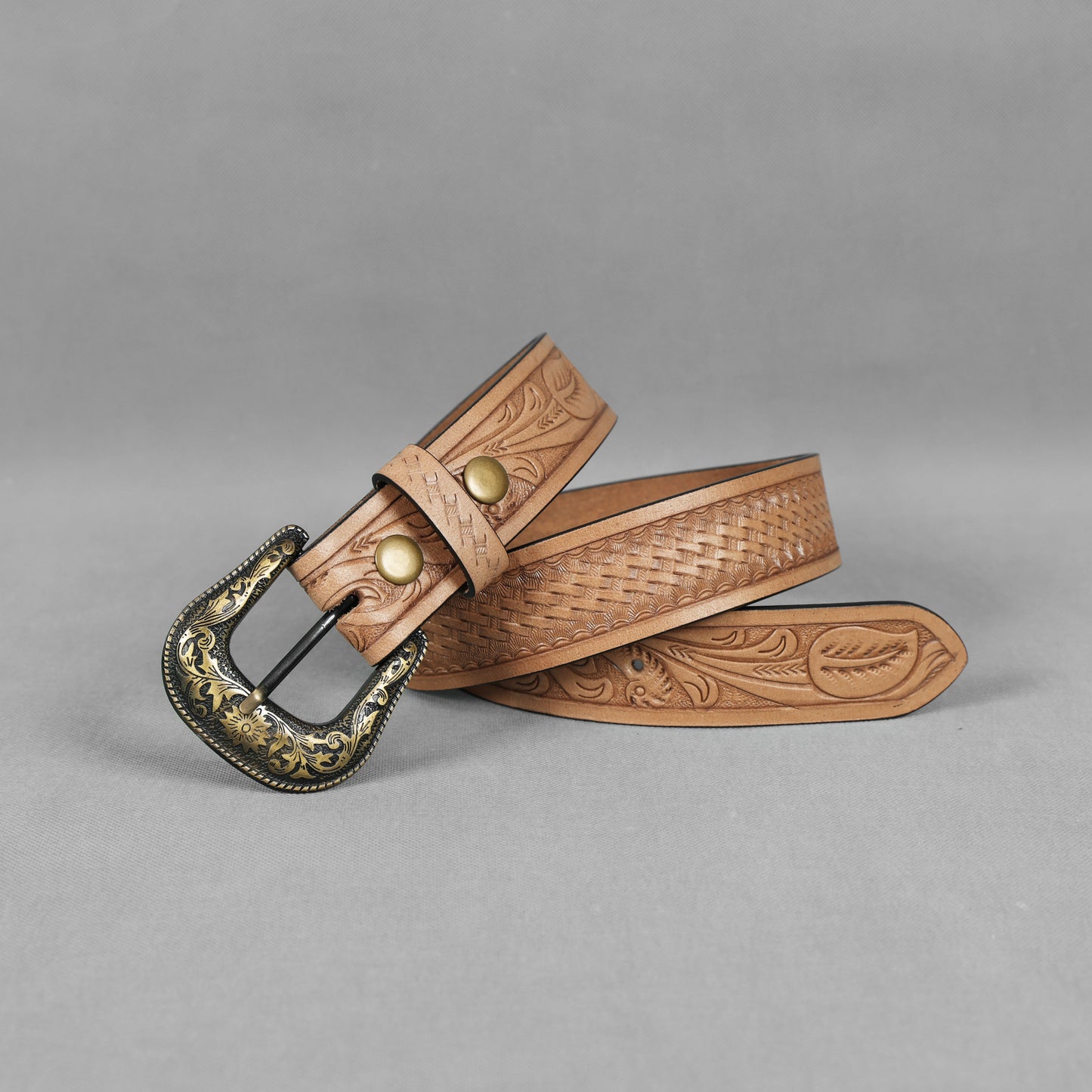 Berbanto Natural Leather Western Belt with Western Engraved Brass Buckle + Free Antique Plain Buckle