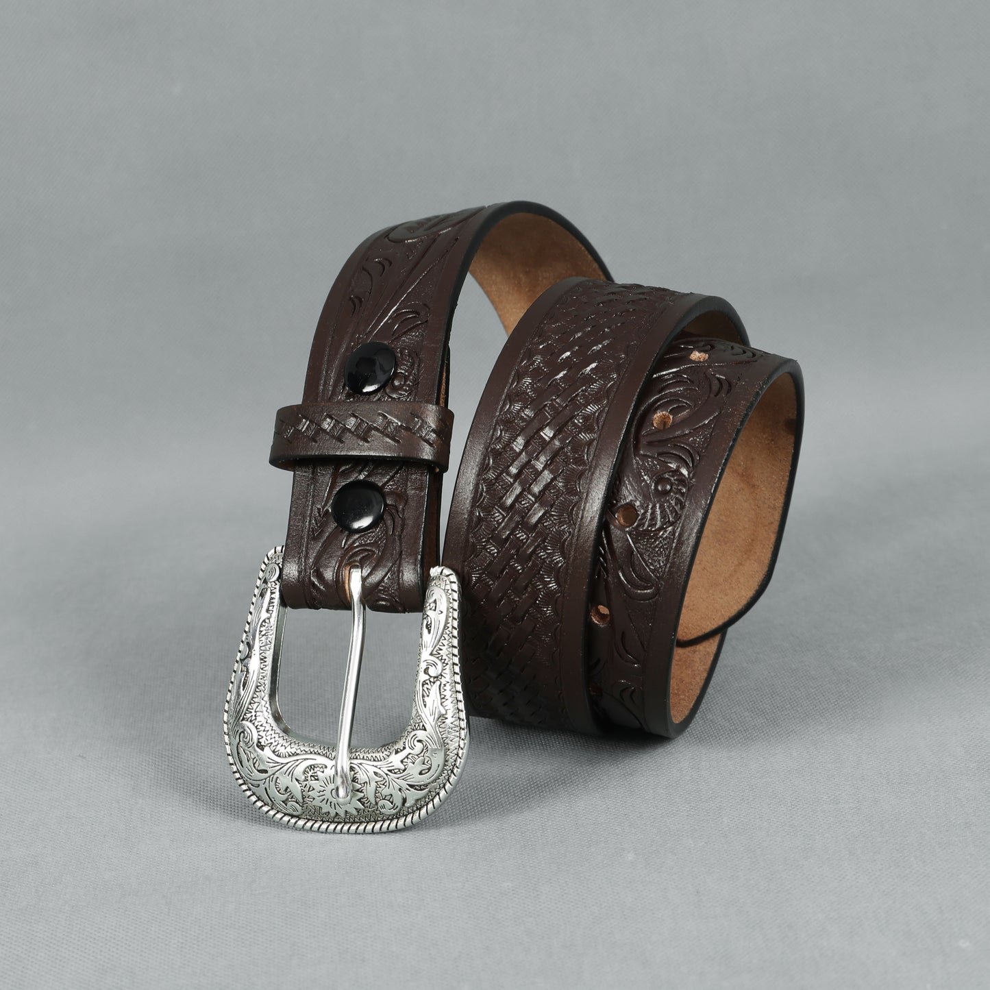 Berbanto Dark Brown Leather Western Belt with Western Engraved Silver Buckle + Free Antique Plain Buckle