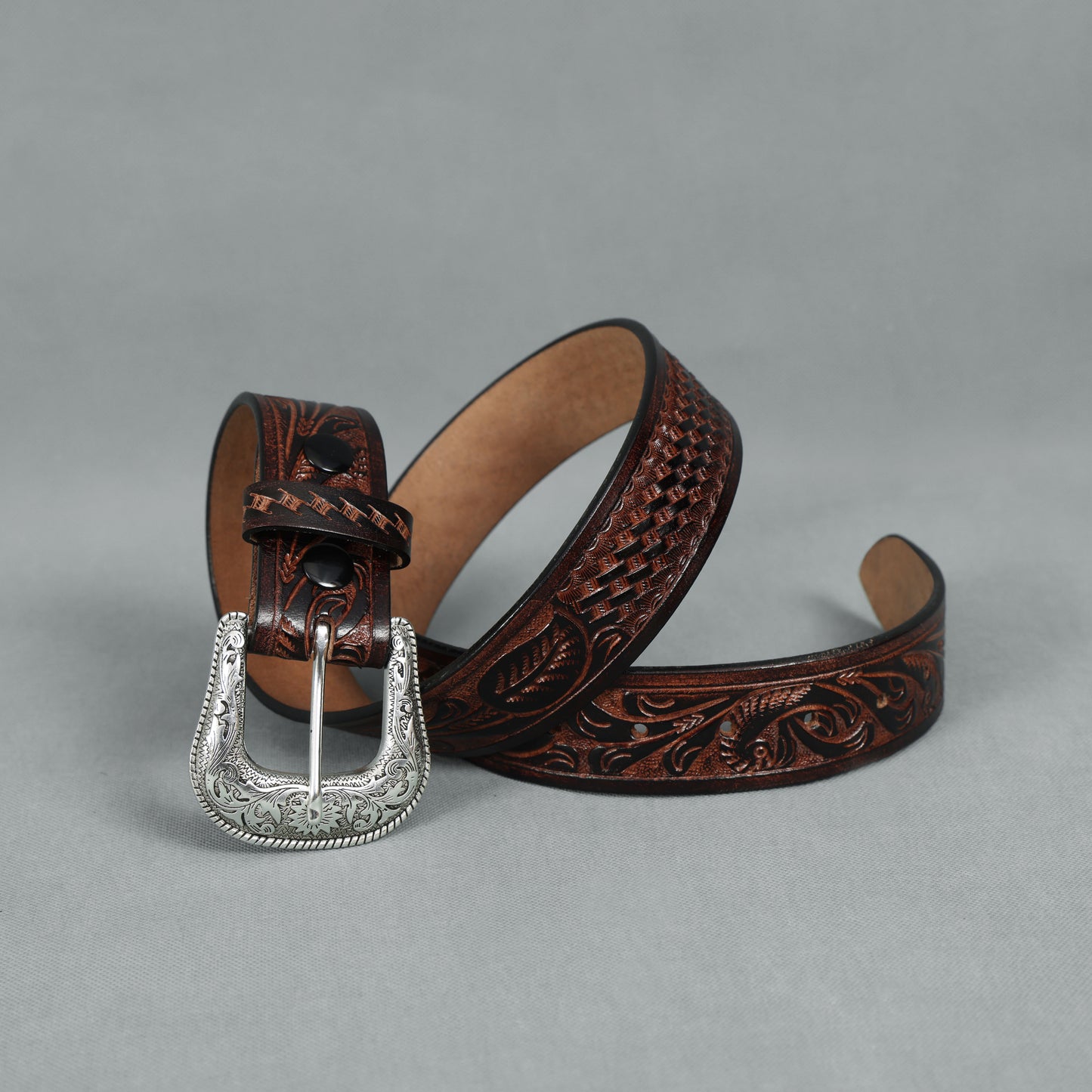 Berbanto Two Tone Brown Leather Western Belt with Western Engraved Silver Buckle + Free Antique Plain Buckle
