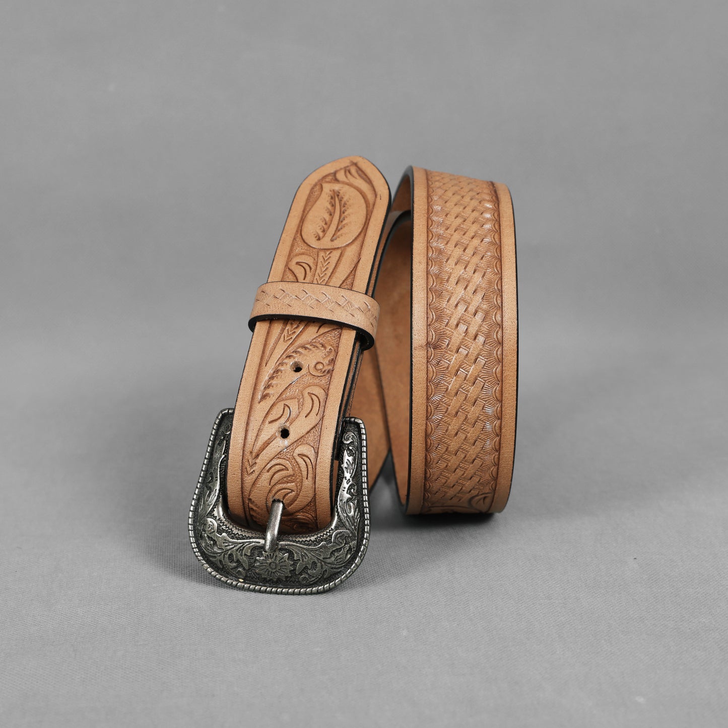 Berbanto Natural Leather Western Belt with Western Engraved Black Buckle + Free Antique Plain Buckle