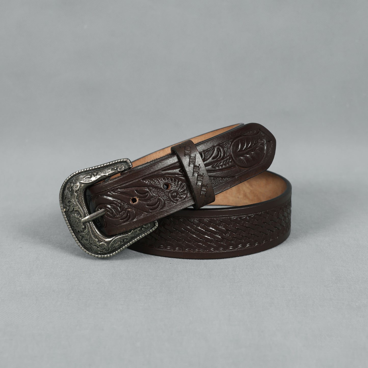 Berbanto Dark Brown Leather Western Belt with Western Engraved Black Buckle + Free Antique Plain Buckle