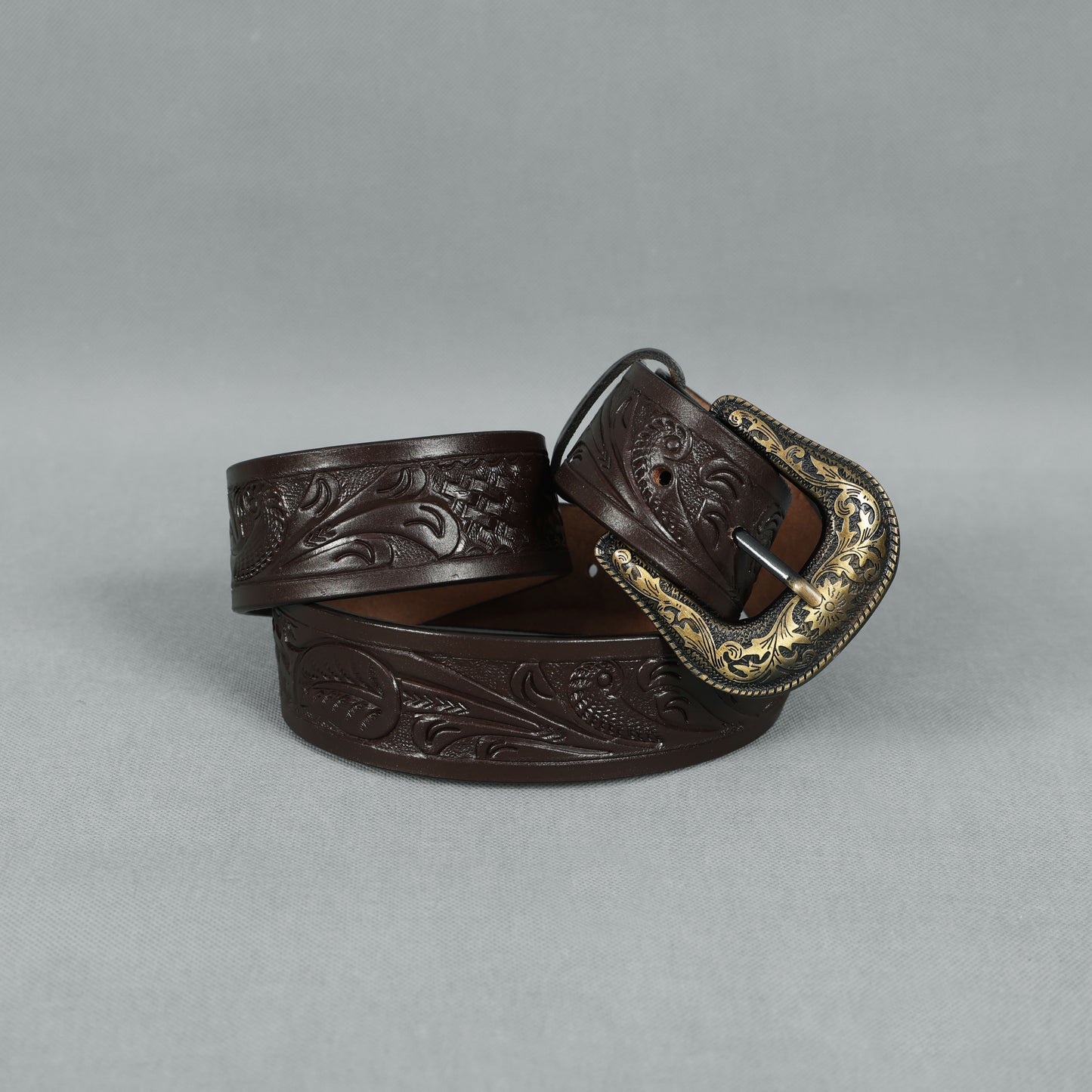 Berbanto Dark Brown Leather Western Belt with Western Engraved Brass Buckle + Free Antique Plain Buckle