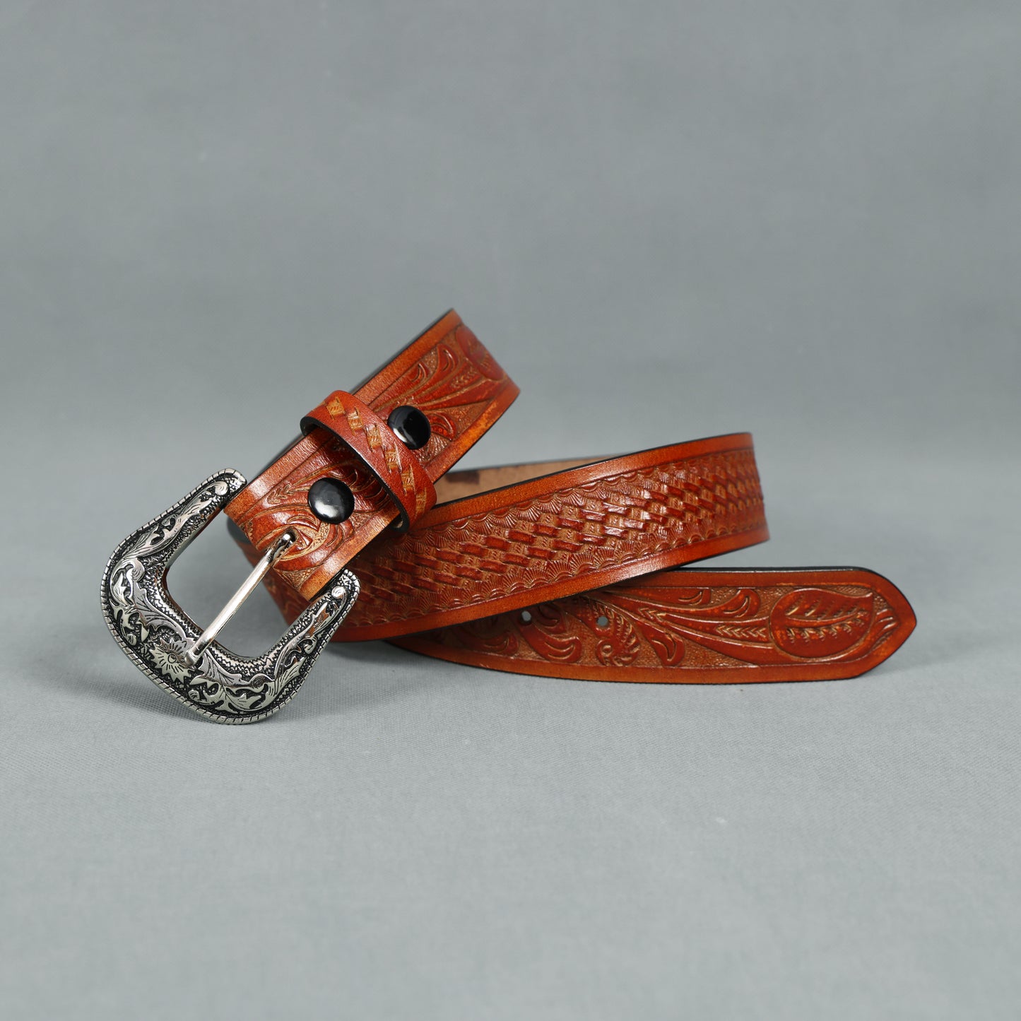 Berbanto Two Tone Tan Leather Western Belt with Western Engraved Rustic Silver Buckle + Free Antique Plain Buckle