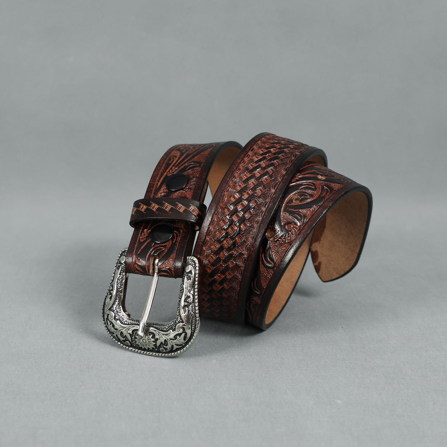 Berbanto Two Tone Brown Leather Western Belt with Western Engraved Rustic Silver Buckle + Free Antique Plain Buckle
