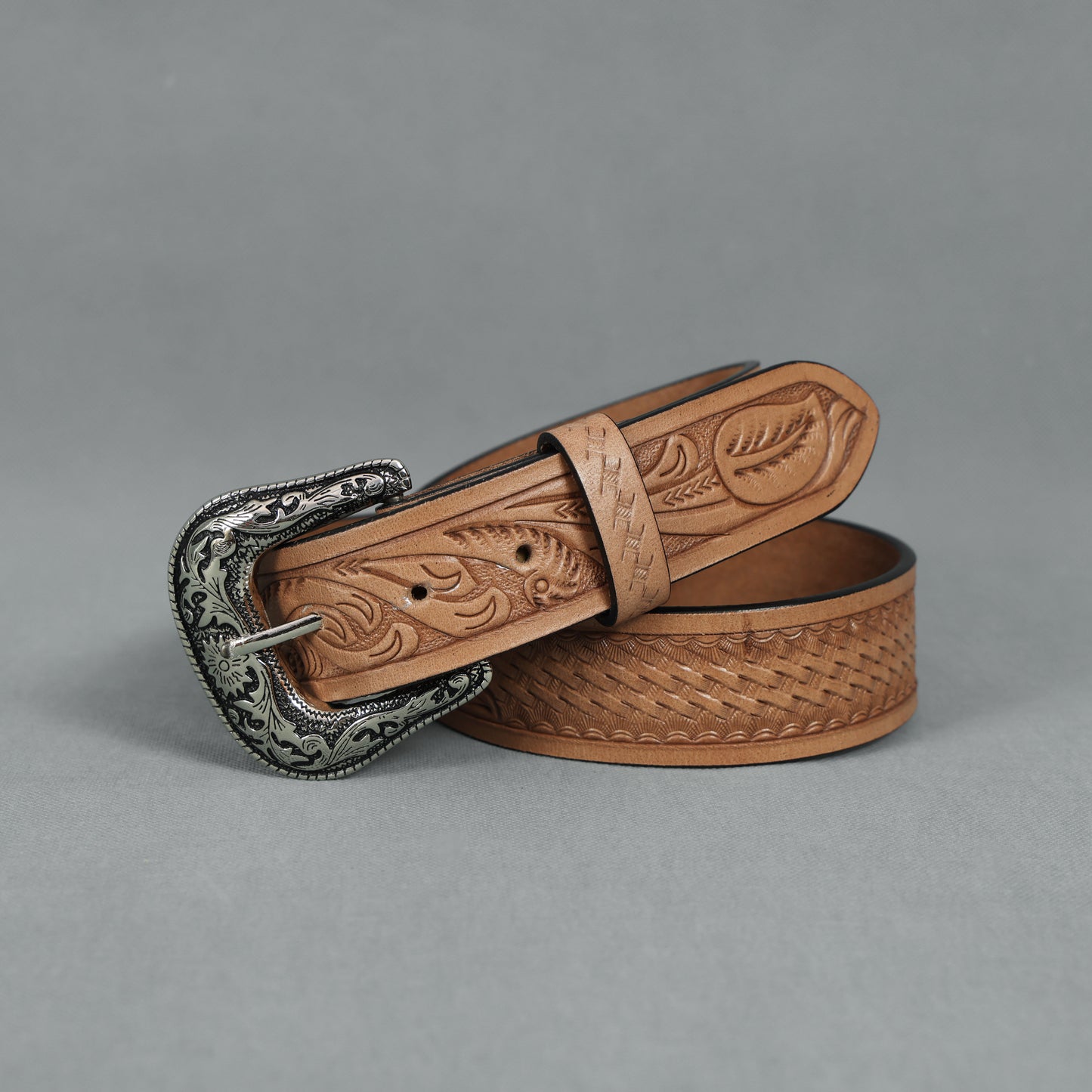 Berbanto Natural Leather Western Belt with Western Engraved Rustic Silver Buckle + Free Antique Plain Buckle
