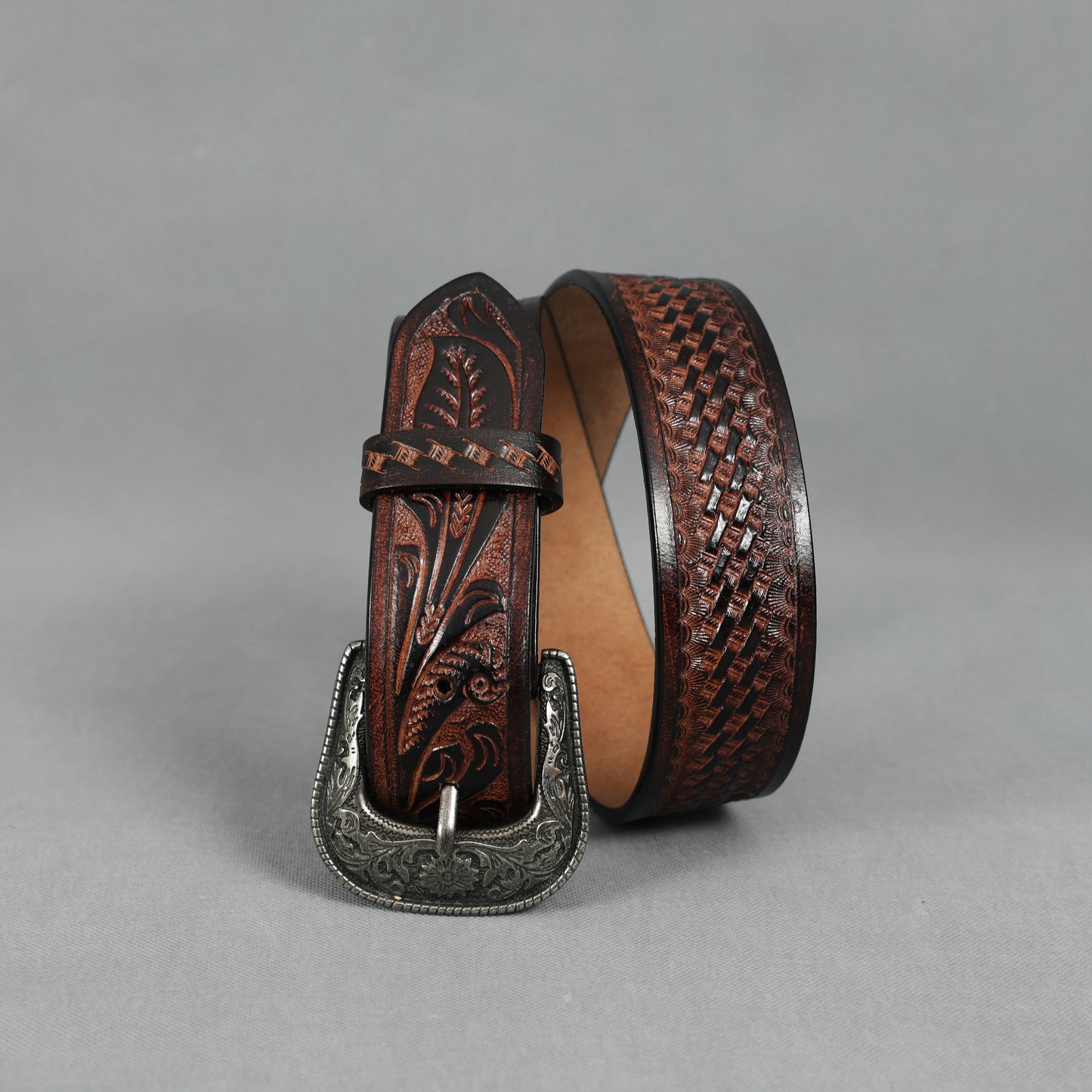 Berbanto Two Tone Brown Leather Western Belt with Western Engraved Black Buckle + Free Antique Plain Buckle