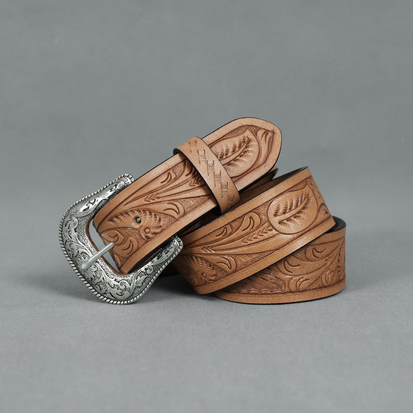 Berbanto Natural Leather Western Belt with Western Engraved Silver Buckle + Free Antique Plain Buckle