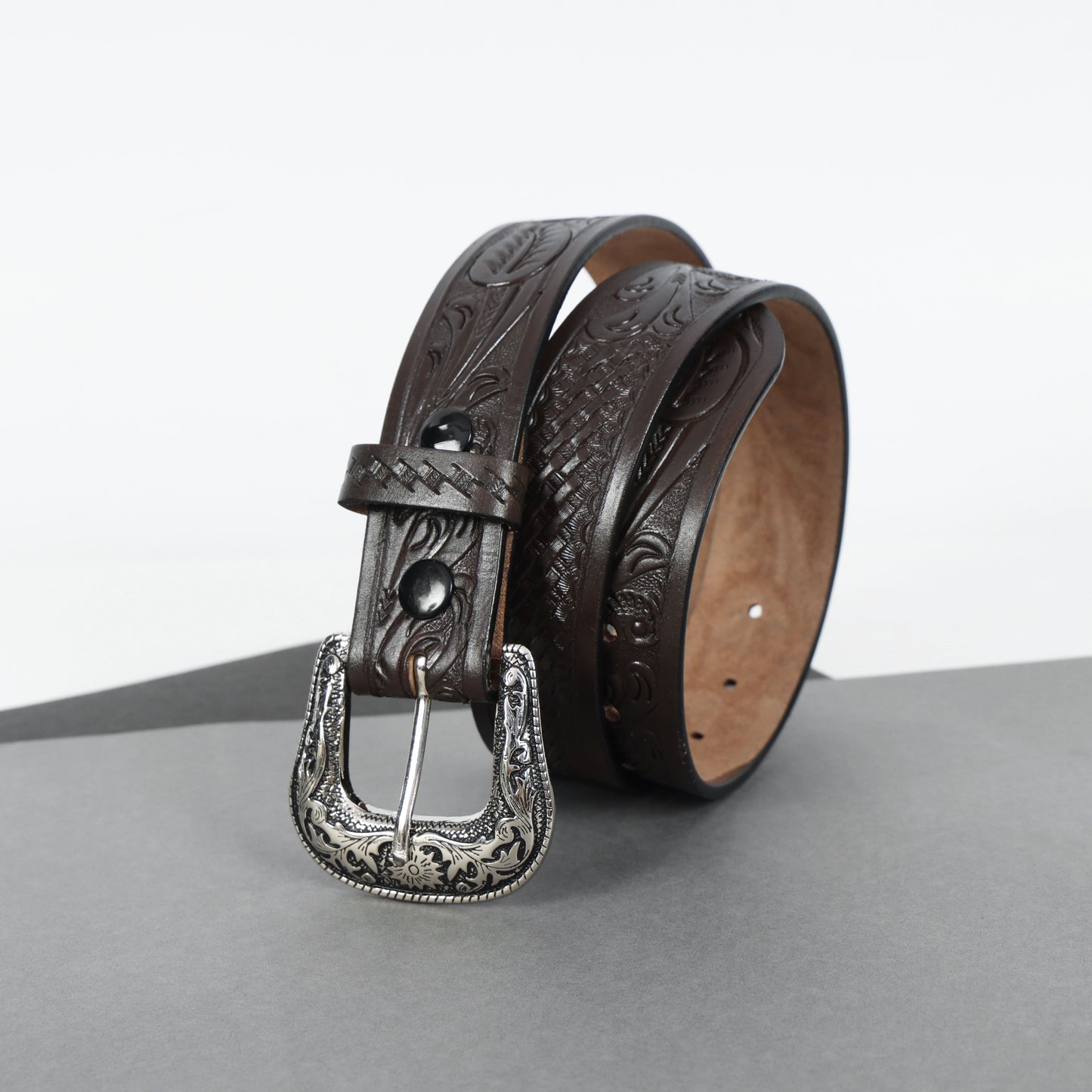 Berbanto Dark Brown Leather Western Belt with Western Engraved Rustic Silver Buckle + Free Antique Plain Buckle