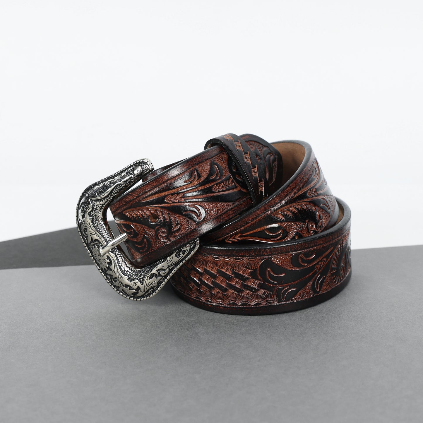 Berbanto Two Tone Brown Leather Western Belt with Western Engraved Rustic Silver Buckle + Free Antique Plain Buckle
