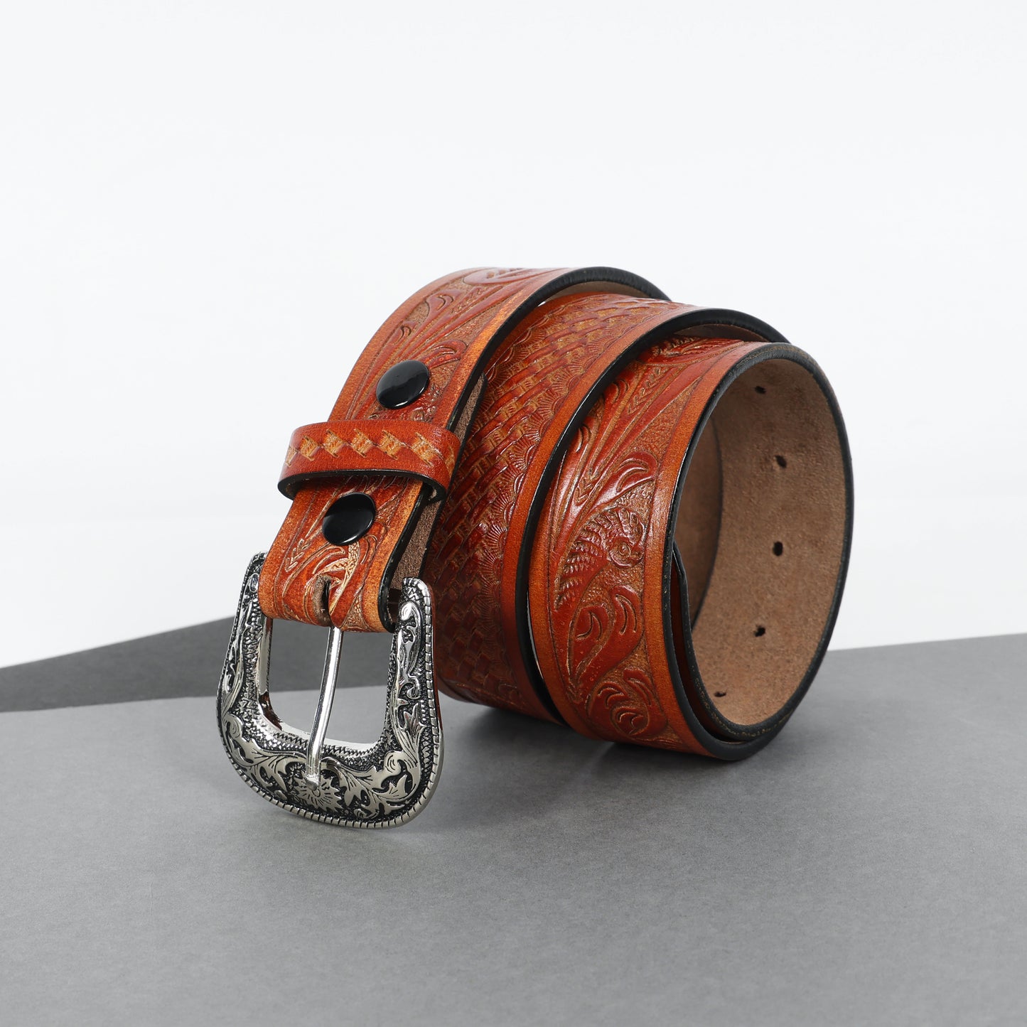 Berbanto Two Tone Tan Leather Western Belt with Western Engraved Rustic Silver Buckle + Free Antique Plain Buckle