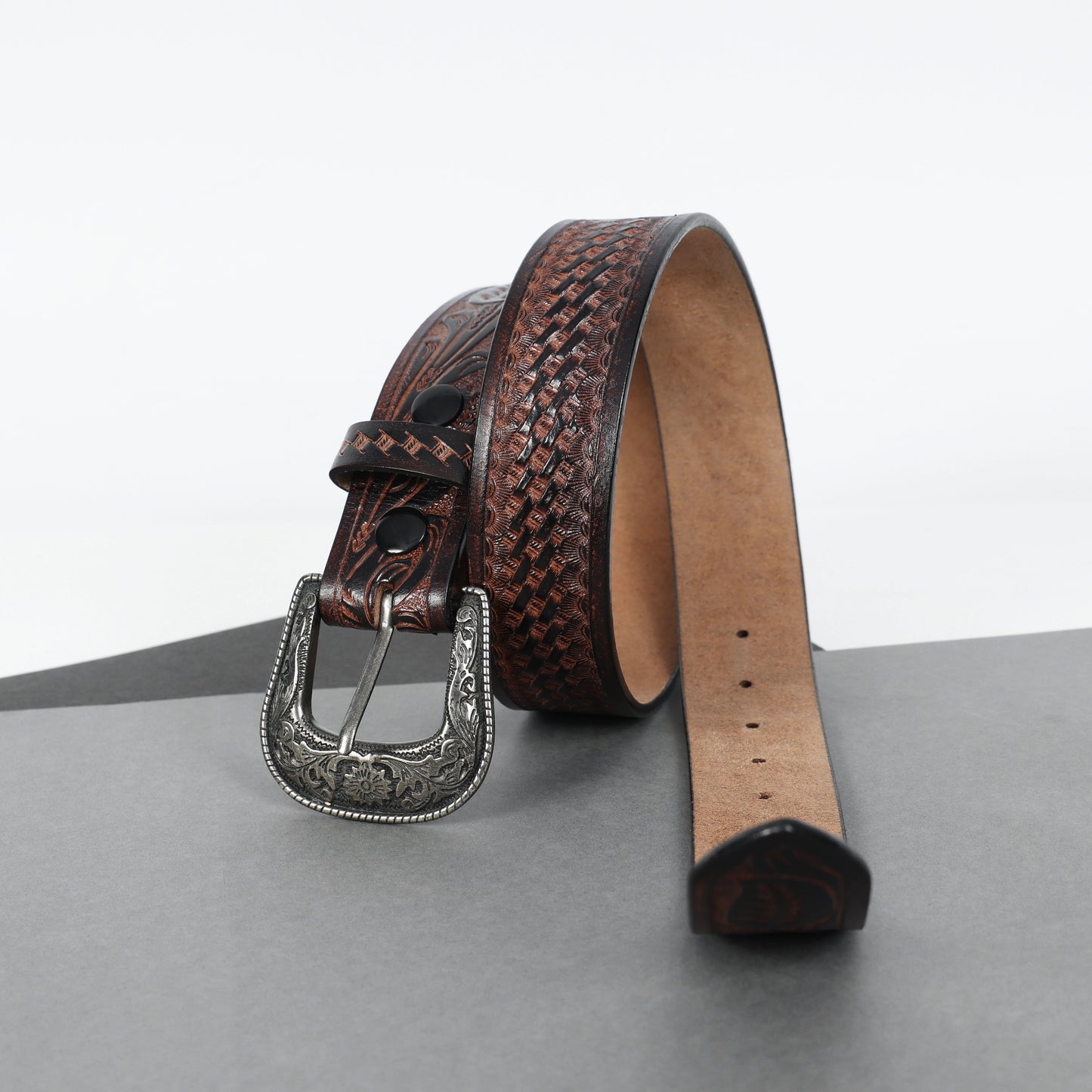 Berbanto Two Tone Brown Leather Western Belt with Western Engraved Black Buckle + Free Antique Plain Buckle