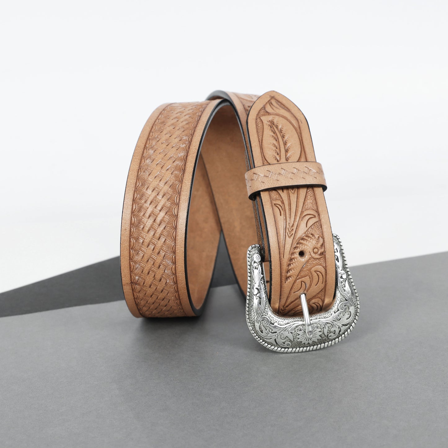 Berbanto Natural Leather Western Belt with Western Engraved Silver Buckle + Free Antique Plain Buckle
