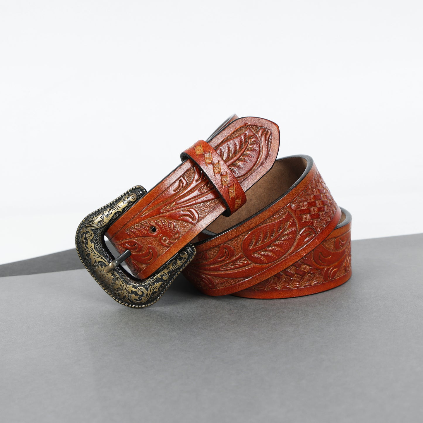 Berbanto Two Tone Tan Leather Western Belt with Western Engraved Brass Buckle + Free Antique Plain Buckle
