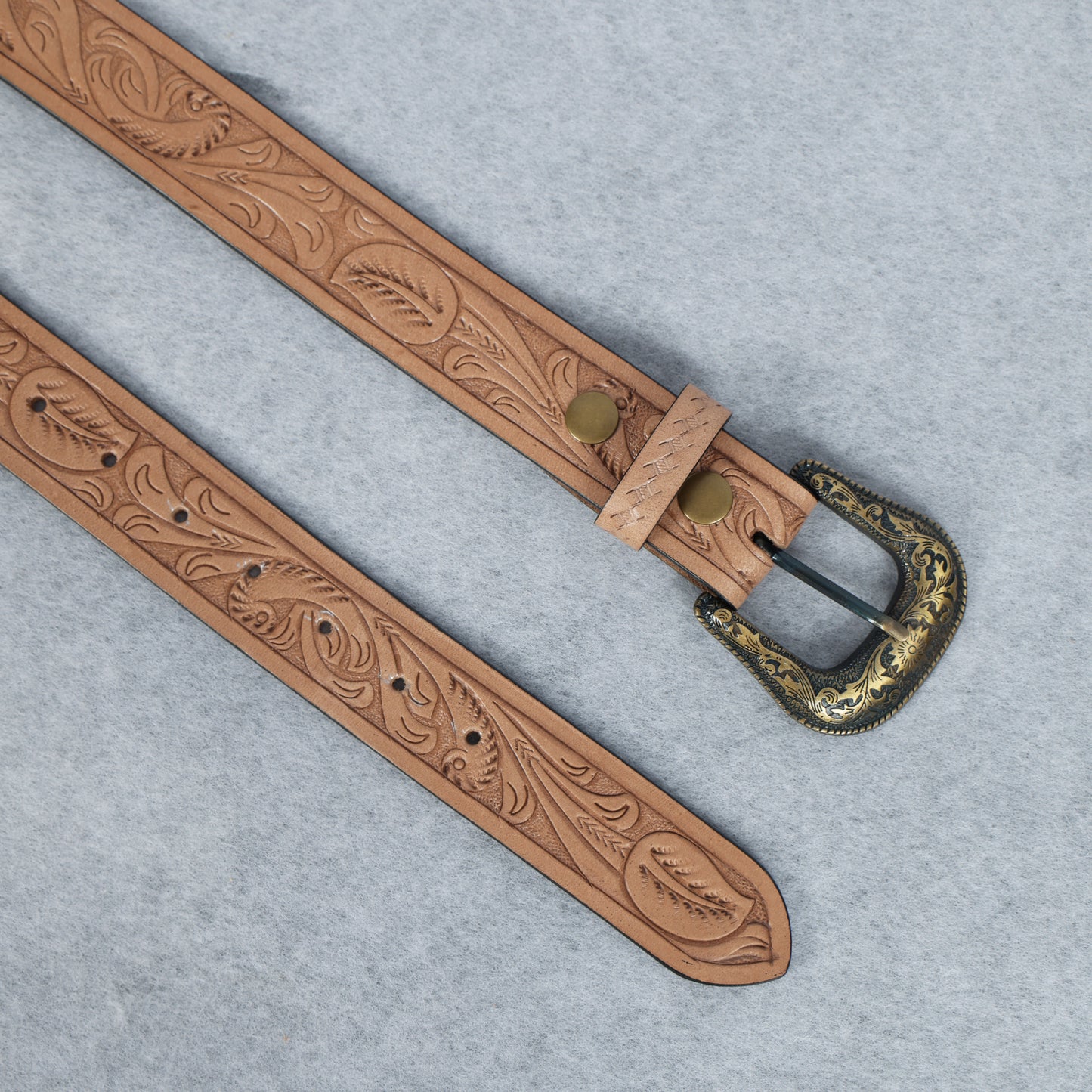 Berbanto Natural Leather Western Belt with Western Engraved Brass Buckle + Free Antique Plain Buckle