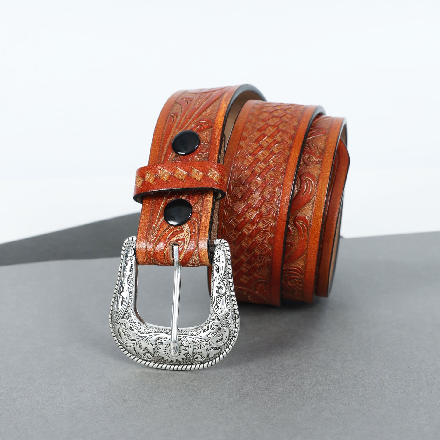 Berbanto Two Tone Tan Leather Western Belt with Western Engraved Silver Buckle + Free Antique Plain Buckle