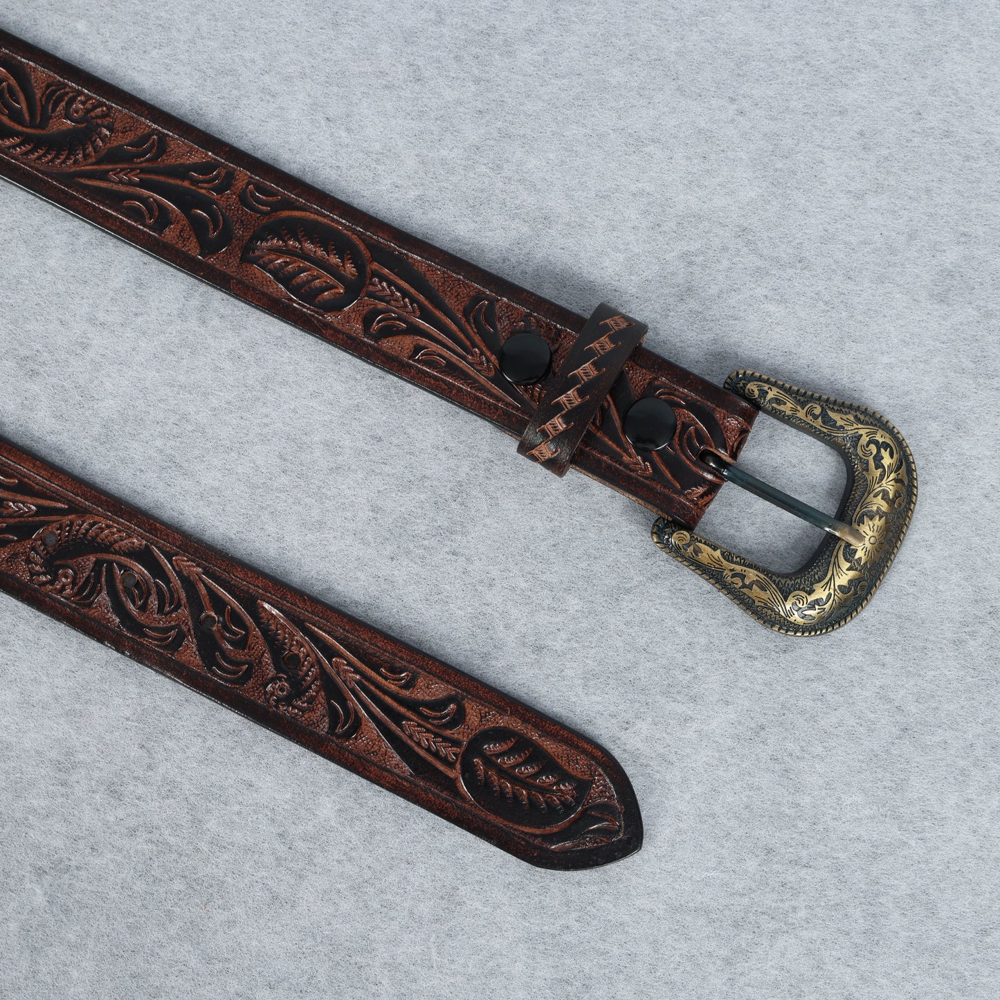 Berbanto Two Tone Brown Leather Western Belt with Western Engraved Brass Buckle + Free Antique Plain Buckle