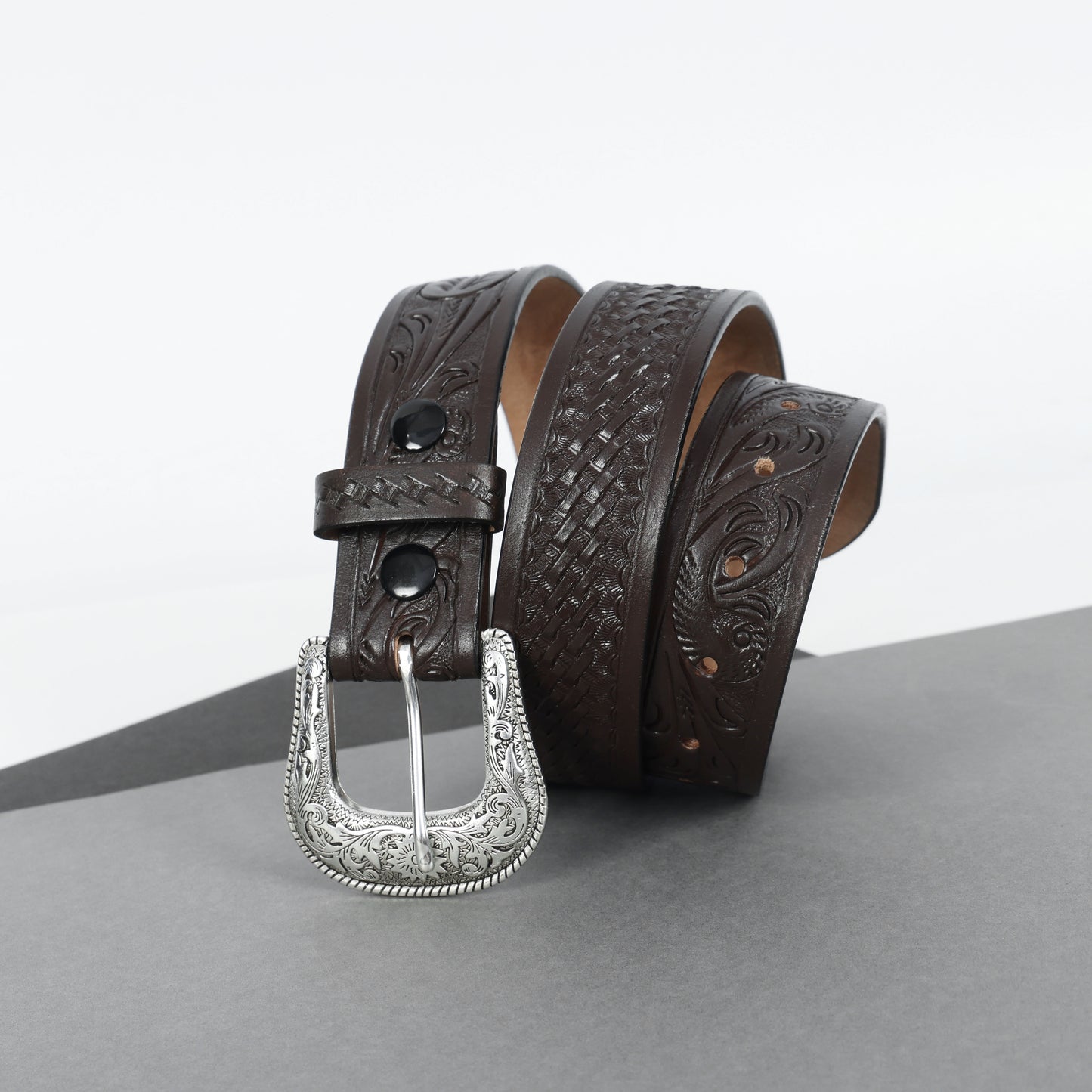 Berbanto Dark Brown Leather Western Belt with Western Engraved Silver Buckle + Free Antique Plain Buckle