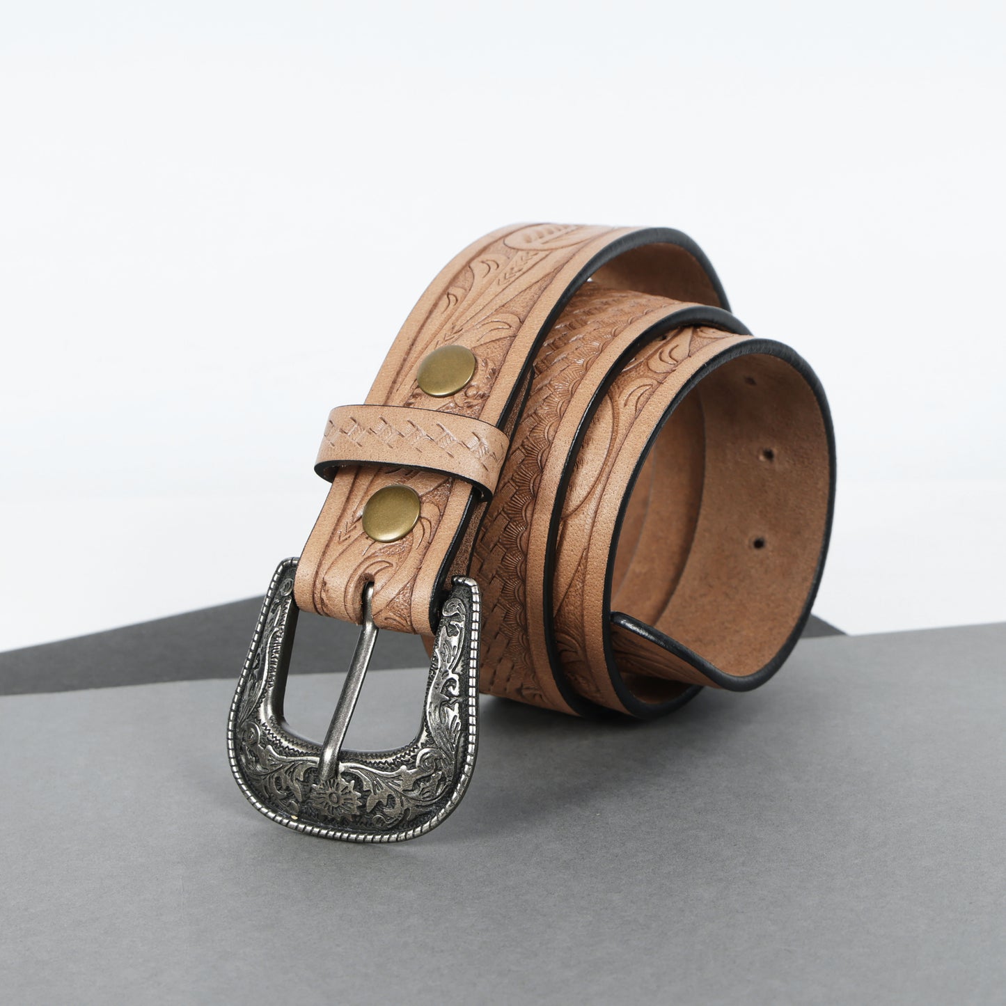 Berbanto Natural Leather Western Belt with Western Engraved Black Buckle + Free Antique Plain Buckle
