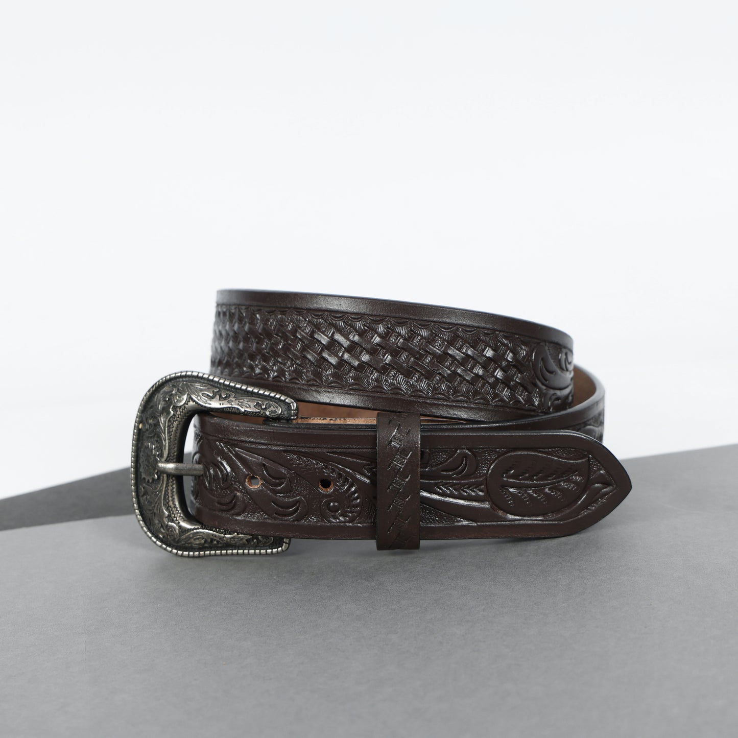 Berbanto Dark Brown Leather Western Belt with Western Engraved Black Buckle + Free Antique Plain Buckle