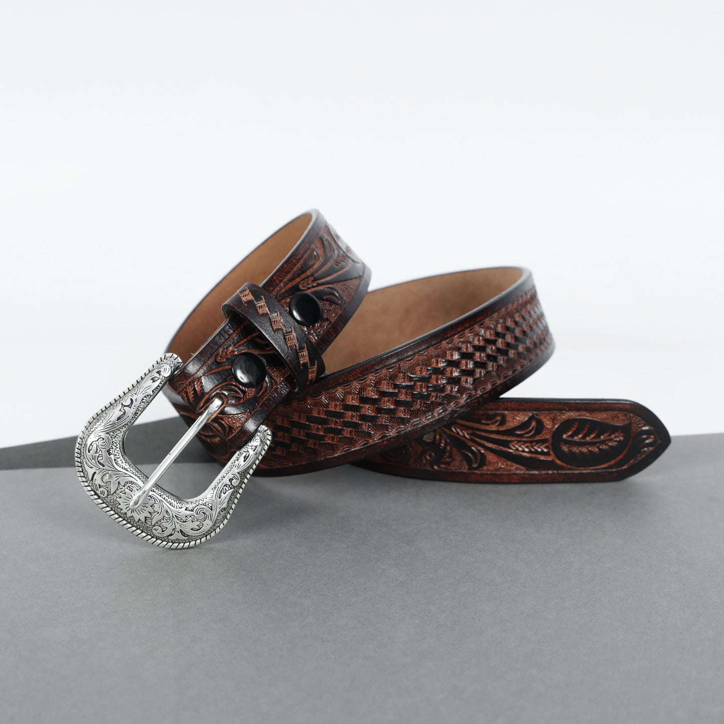 Berbanto Two Tone Brown Leather Western Belt with Western Engraved Silver Buckle + Free Antique Plain Buckle