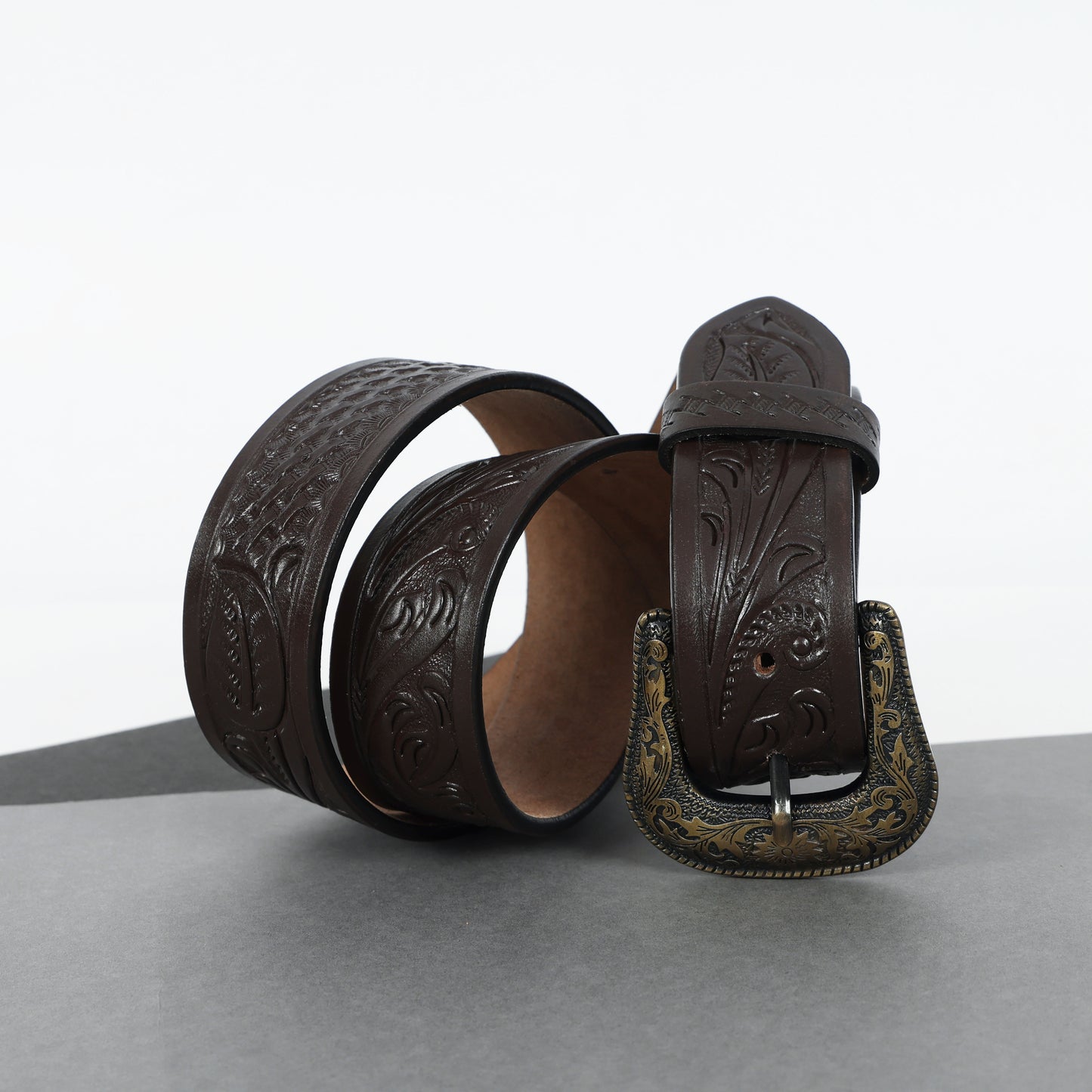 Berbanto Dark Brown Leather Western Belt with Western Engraved Brass Buckle + Free Antique Plain Buckle
