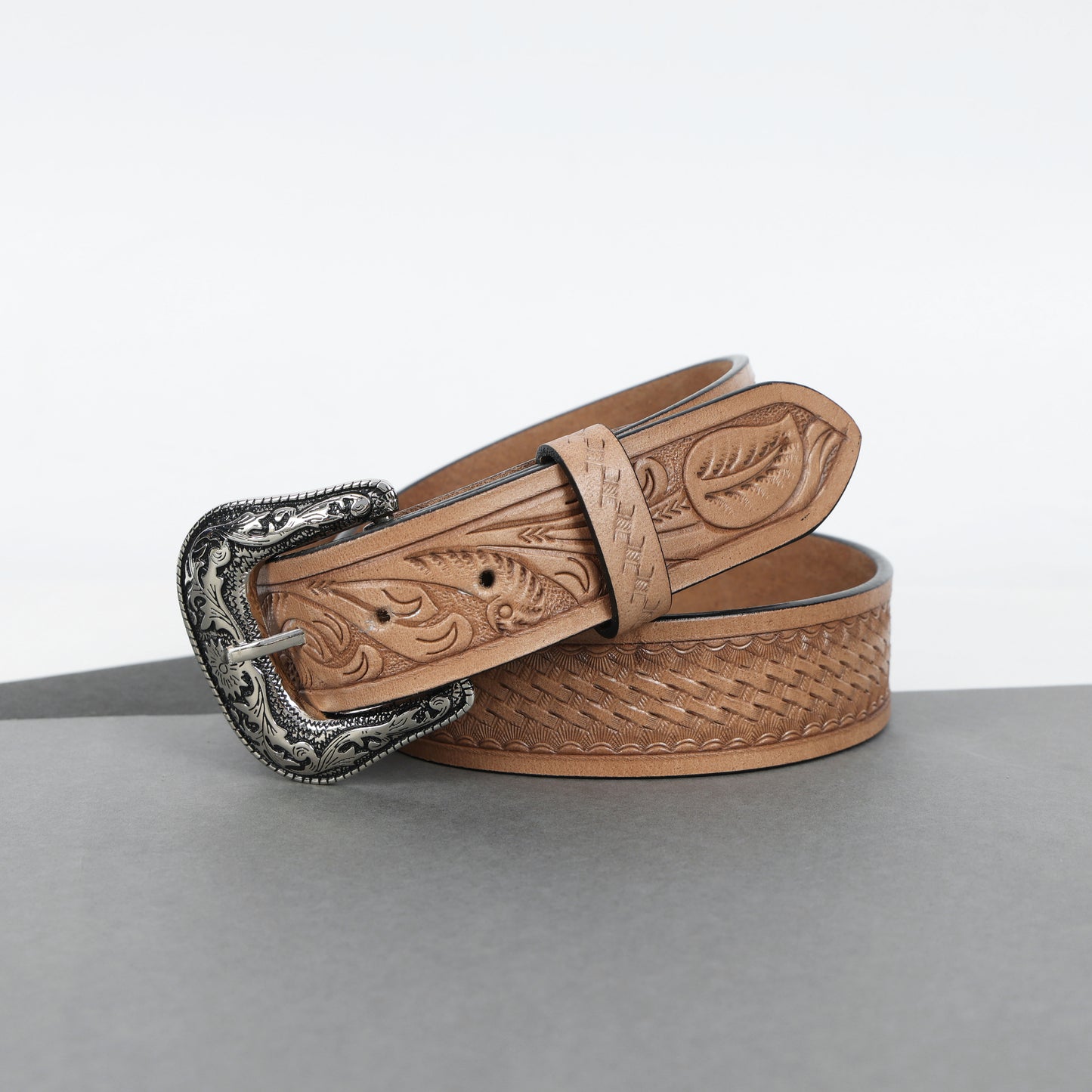 Berbanto Natural Leather Western Belt with Western Engraved Rustic Silver Buckle + Free Antique Plain Buckle