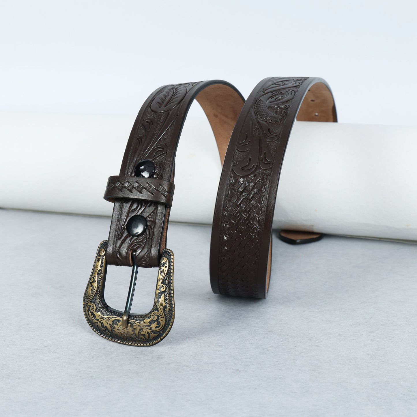 Berbanto Dark Brown Leather Western Belt with Western Engraved Brass Buckle + Free Antique Plain Buckle