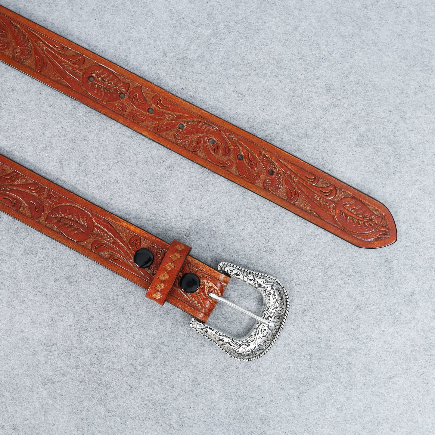 Berbanto Two Tone Tan Leather Western Belt with Western Engraved Silver Buckle + Free Antique Plain Buckle
