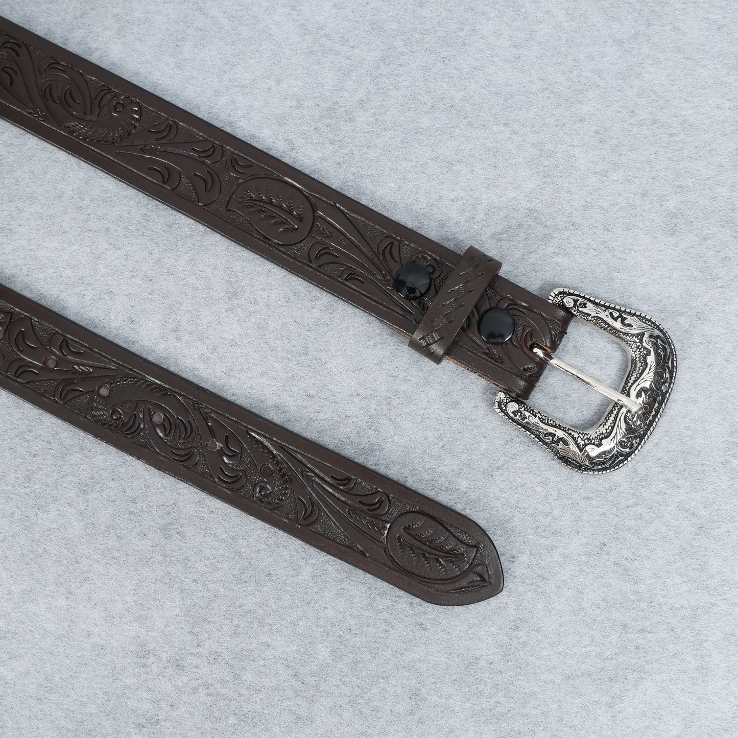 Berbanto Dark Brown Leather Western Belt with Western Engraved Rustic Silver Buckle + Free Antique Plain Buckle