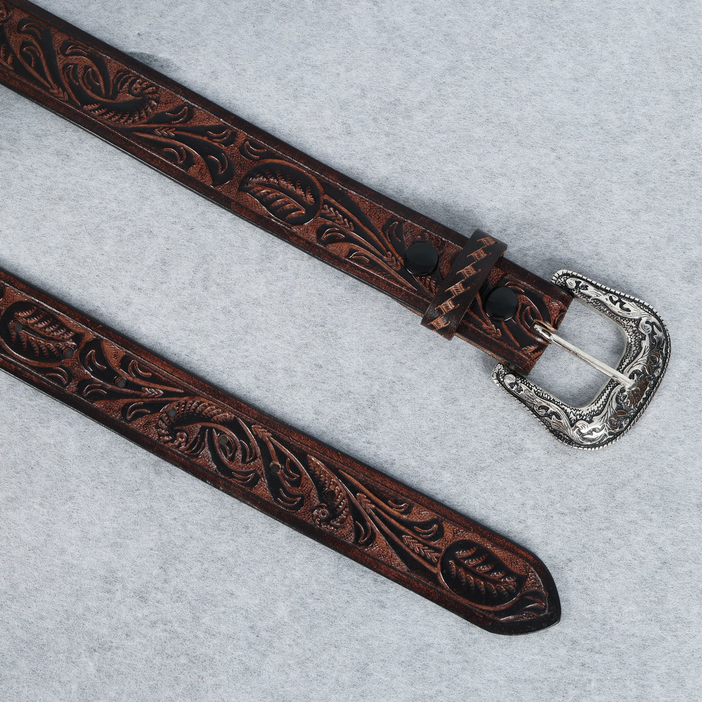 Berbanto Two Tone Brown Leather Western Belt with Western Engraved Rustic Silver Buckle + Free Antique Plain Buckle