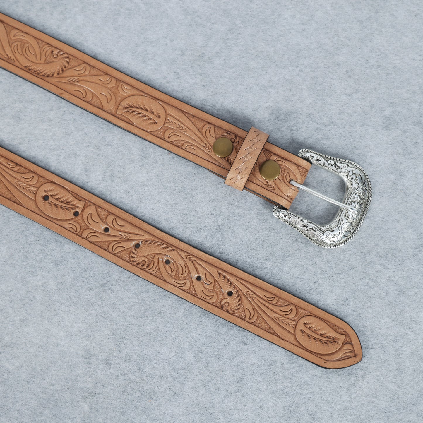 Berbanto Natural Leather Western Belt with Western Engraved Silver Buckle + Free Antique Plain Buckle
