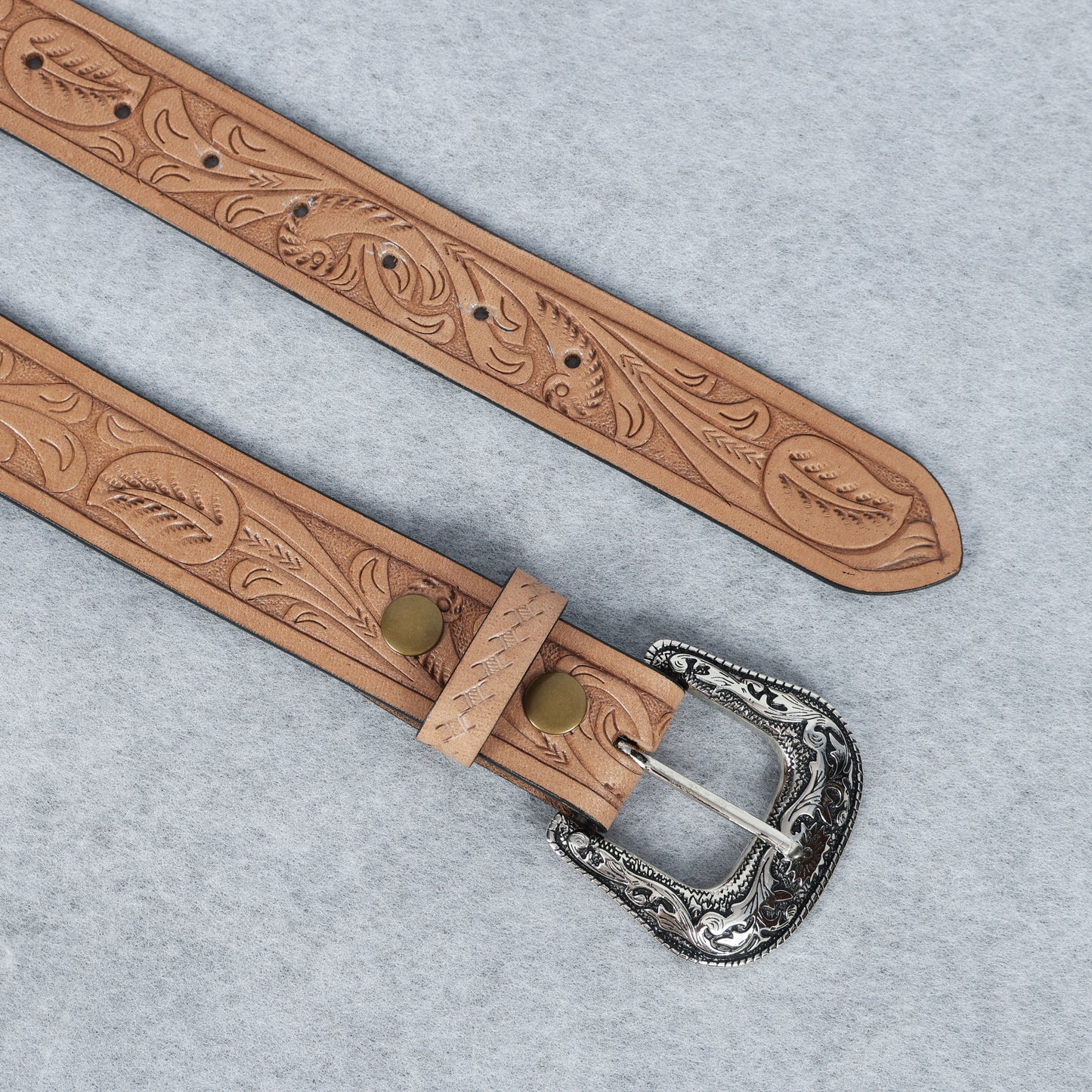 Berbanto Natural Leather Western Belt with Western Engraved Rustic Silver Buckle + Free Antique Plain Buckle