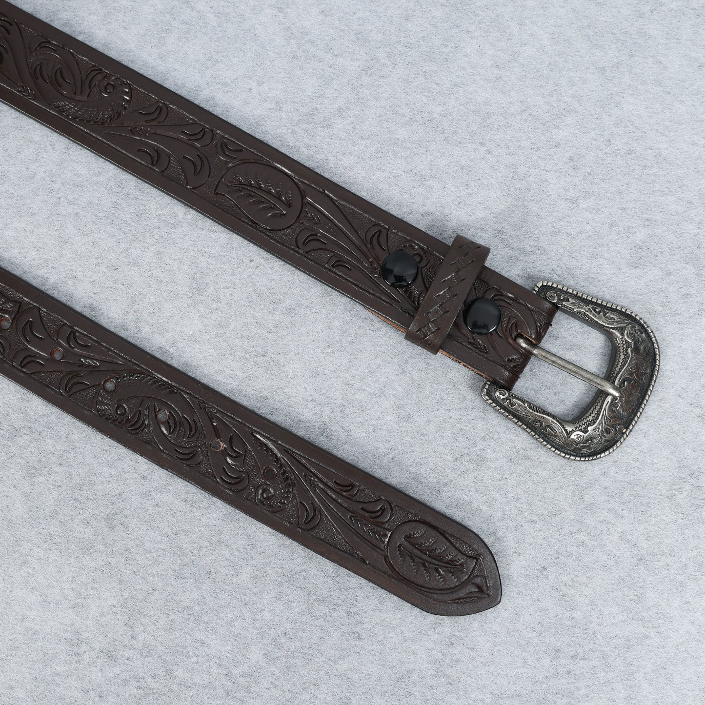 Berbanto Dark Brown Leather Western Belt with Western Engraved Black Buckle + Free Antique Plain Buckle