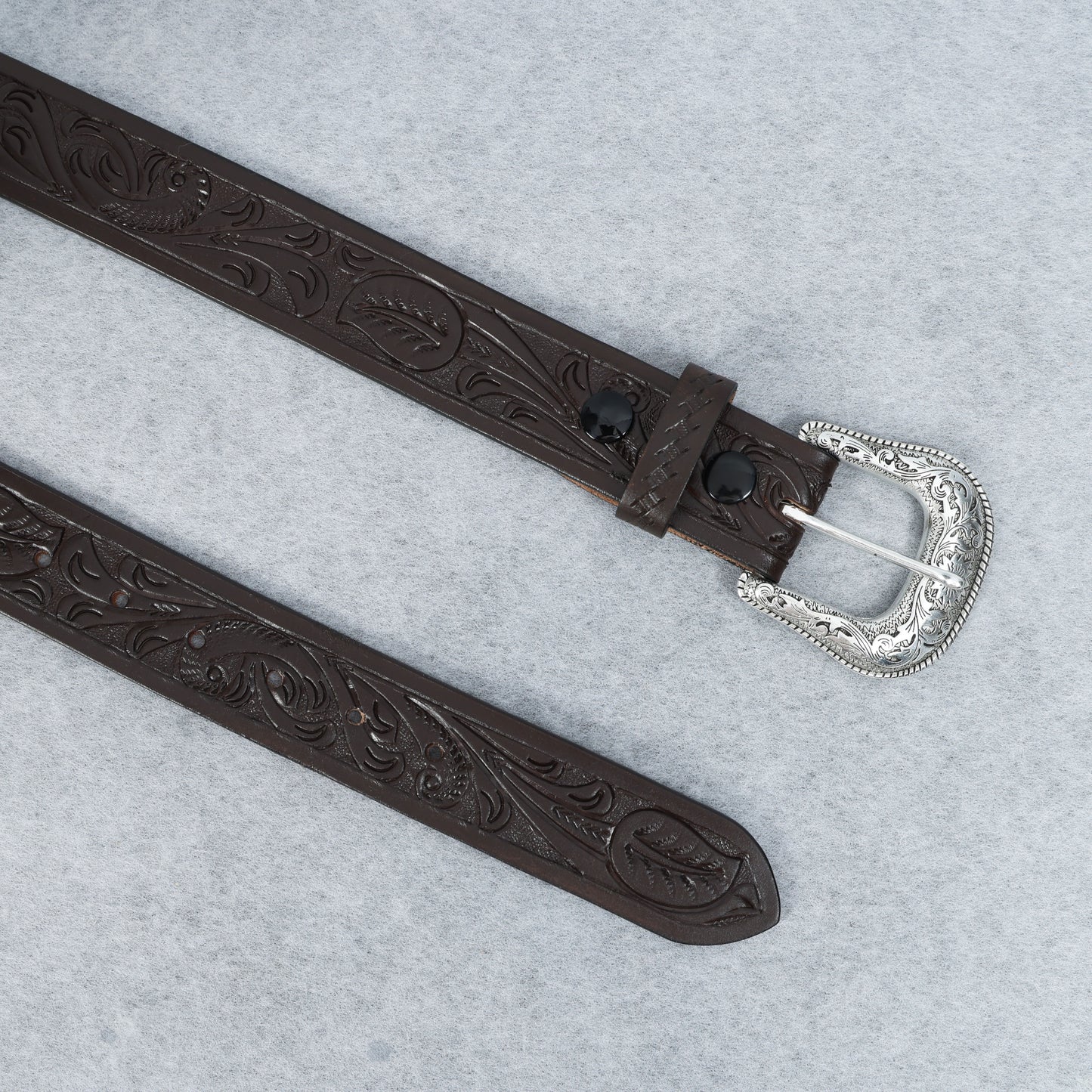 Berbanto Dark Brown Leather Western Belt with Western Engraved Silver Buckle + Free Antique Plain Buckle