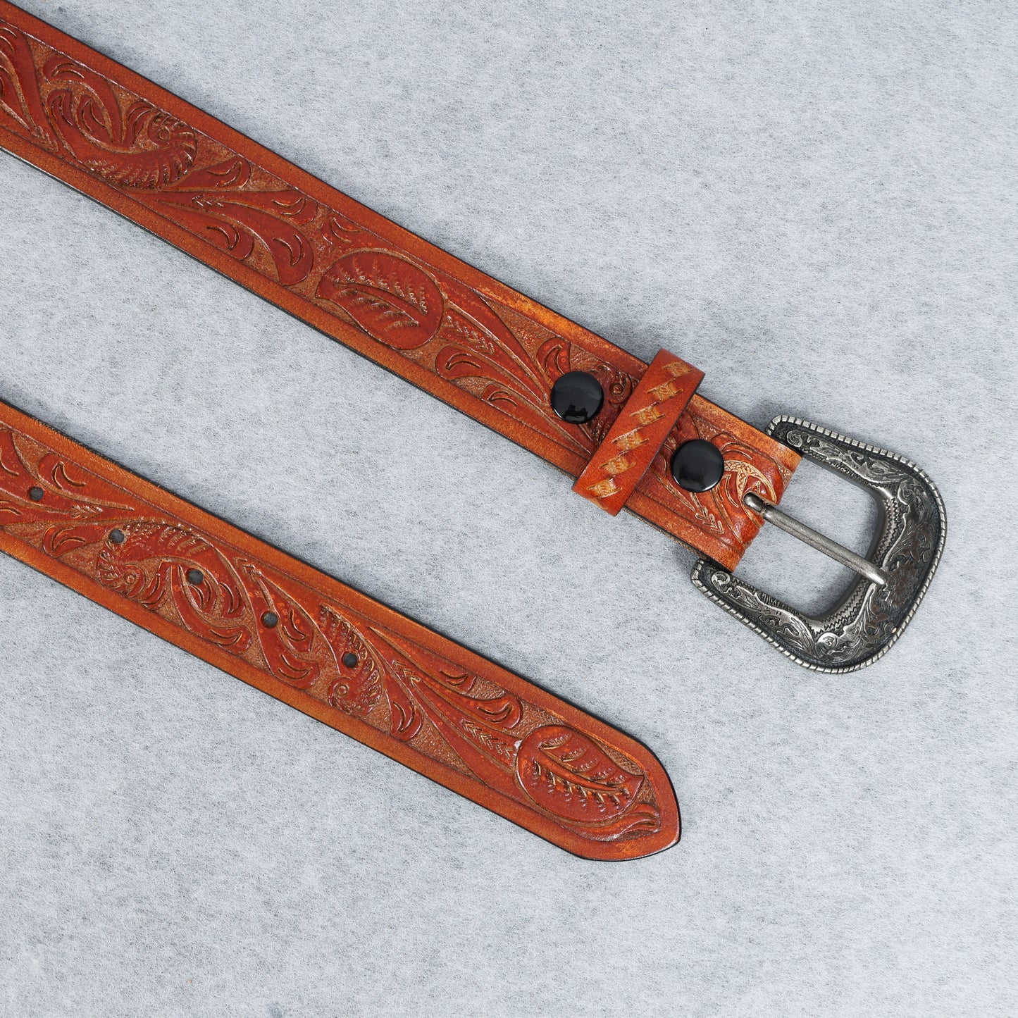 Berbanto Two Tone Tan Leather Western Belt with Western Engraved Black Buckle + Free Antique Plain Buckle