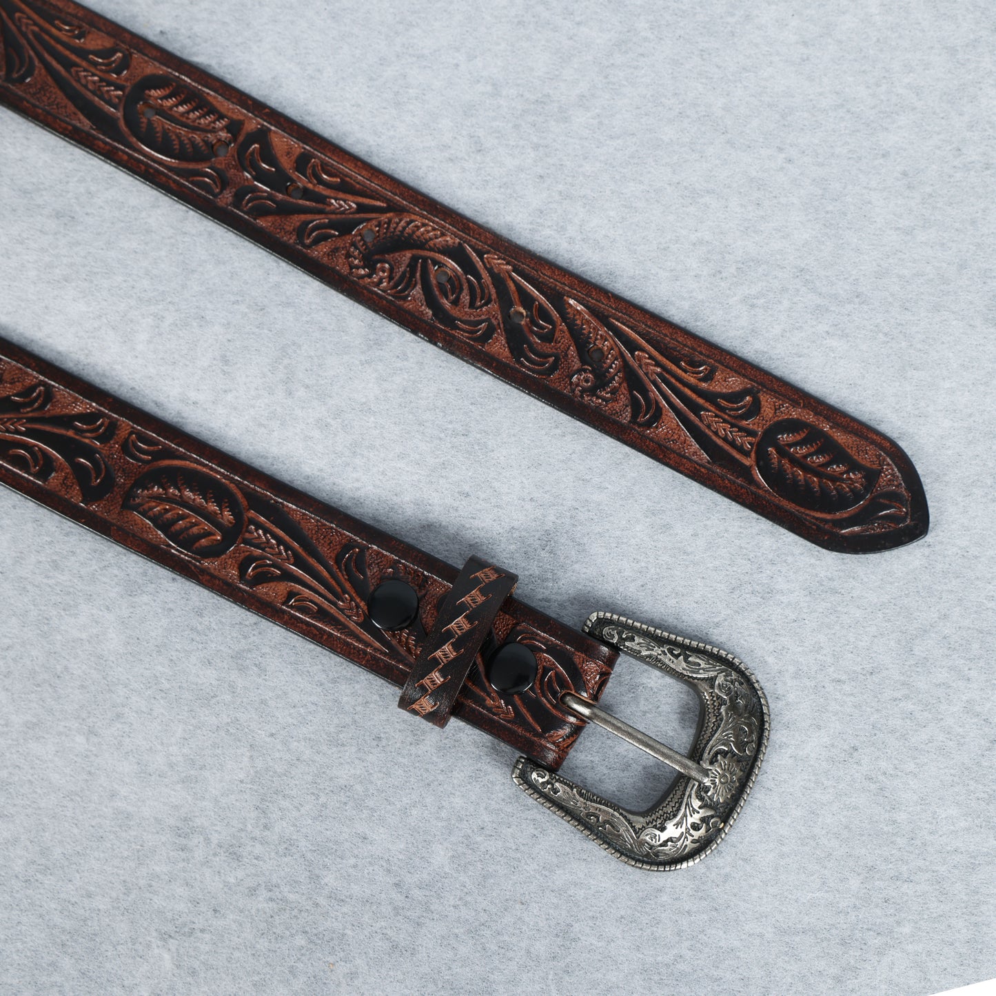 Berbanto Two Tone Brown Leather Western Belt with Western Engraved Black Buckle + Free Antique Plain Buckle