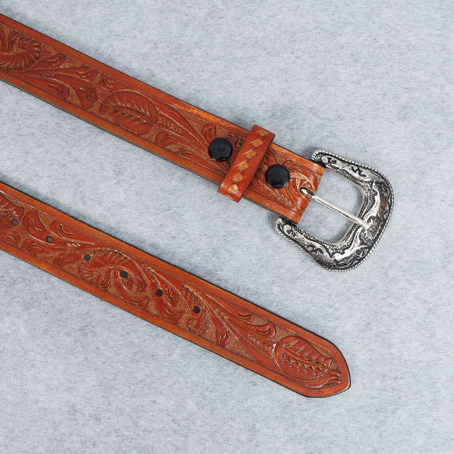 Berbanto Two Tone Tan Leather Western Belt with Western Engraved Rustic Silver Buckle + Free Antique Plain Buckle