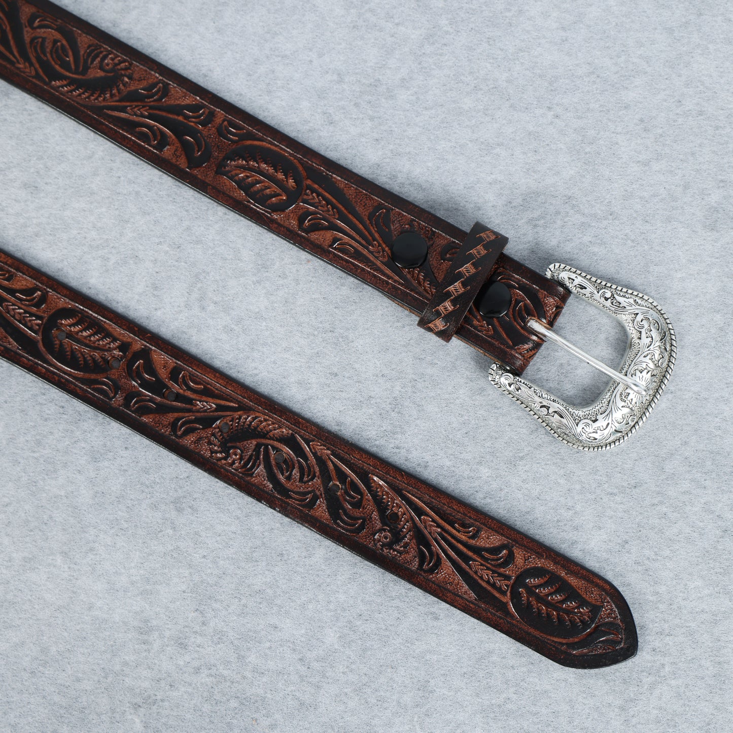 Berbanto Two Tone Brown Leather Western Belt with Western Engraved Silver Buckle + Free Antique Plain Buckle