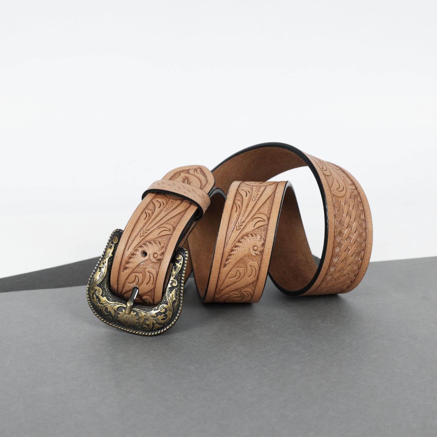 Berbanto Natural Leather Western Belt with Western Engraved Brass Buckle + Free Antique Plain Buckle
