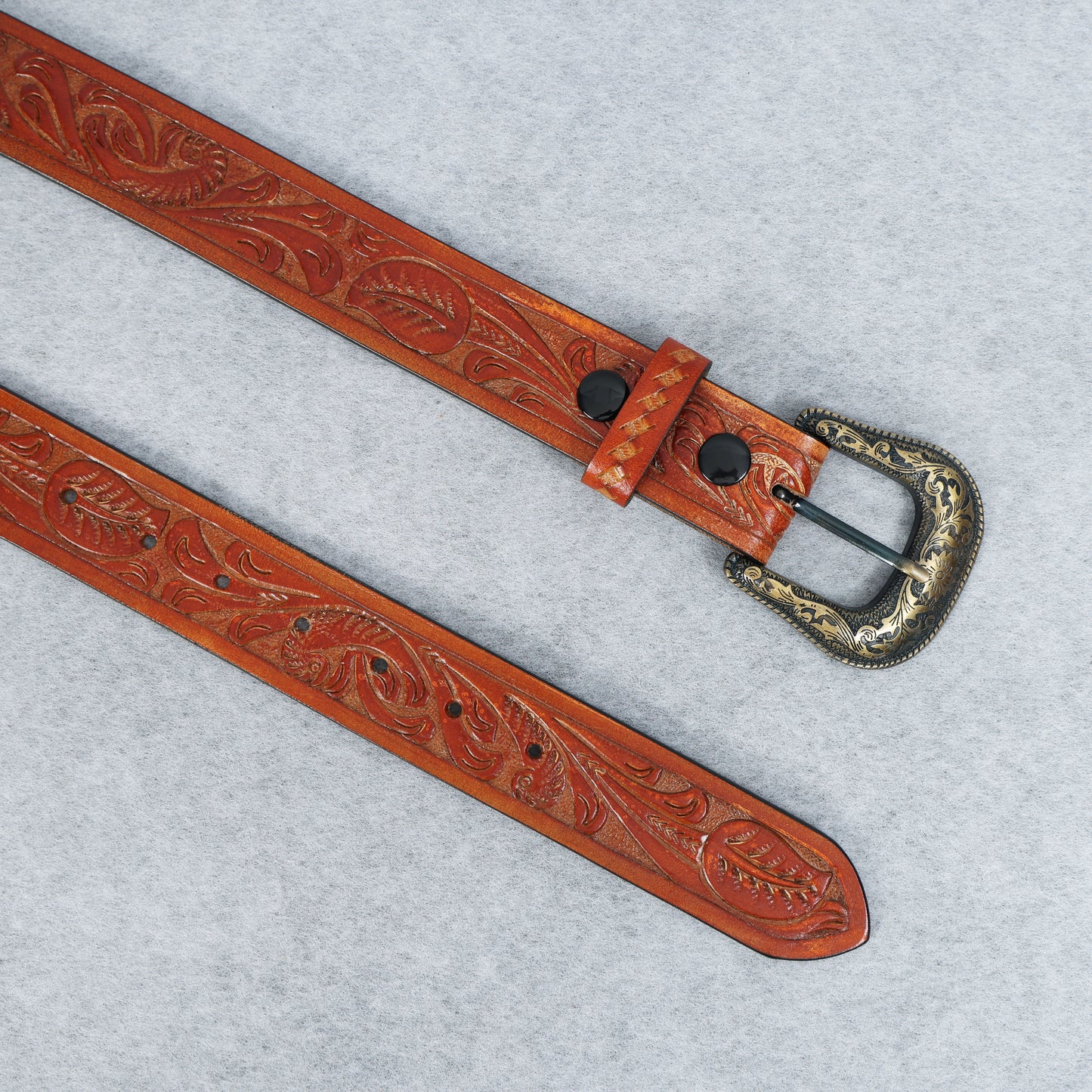Berbanto Two Tone Tan Leather Western Belt with Western Engraved Brass Buckle + Free Antique Plain Buckle