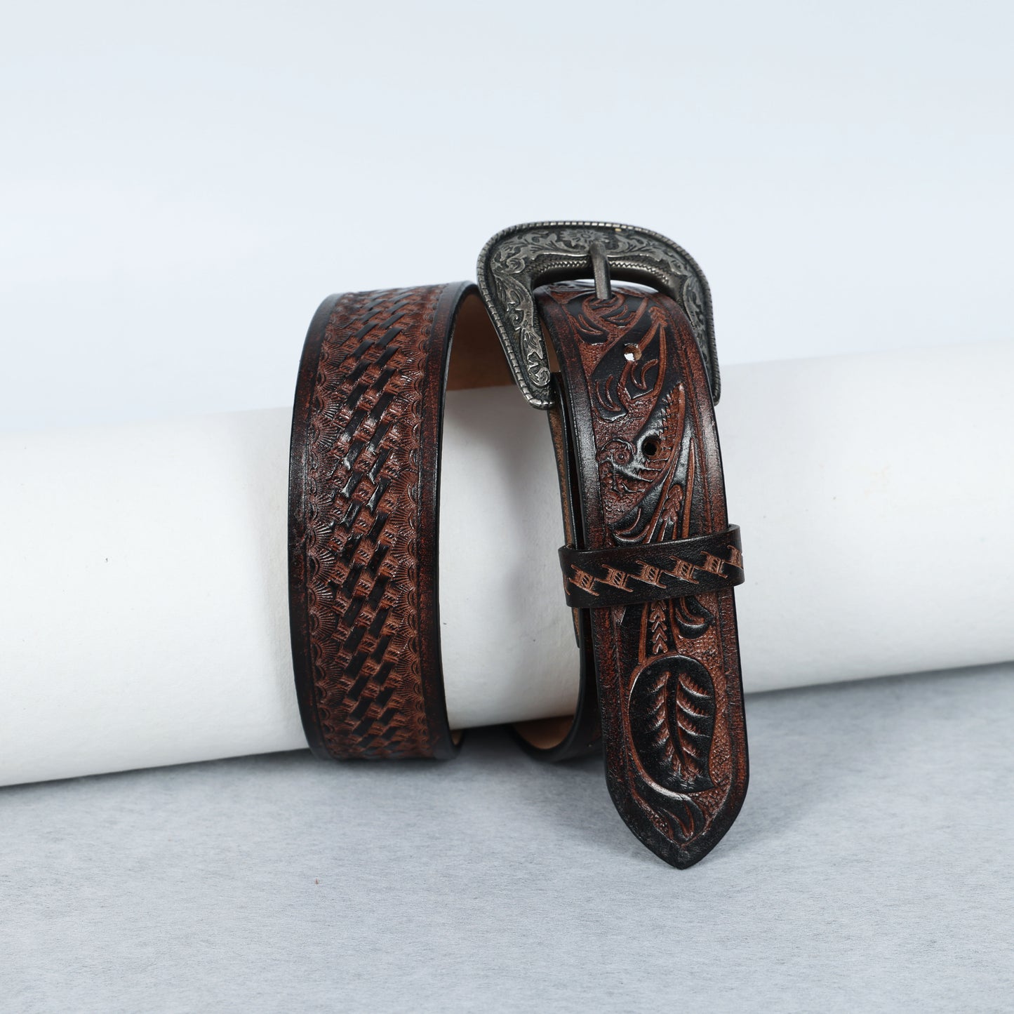 Berbanto Two Tone Brown Leather Western Belt with Western Engraved Black Buckle + Free Antique Plain Buckle