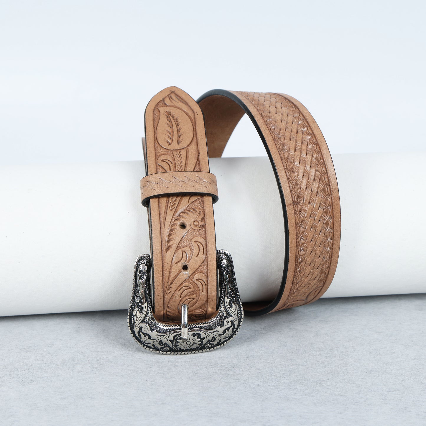 Berbanto Natural Leather Western Belt with Western Engraved Rustic Silver Buckle + Free Antique Plain Buckle