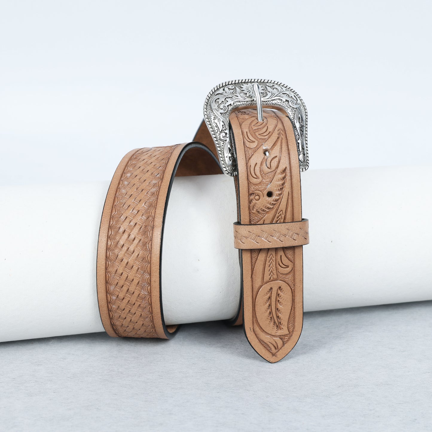 Berbanto Natural Leather Western Belt with Western Engraved Silver Buckle + Free Antique Plain Buckle