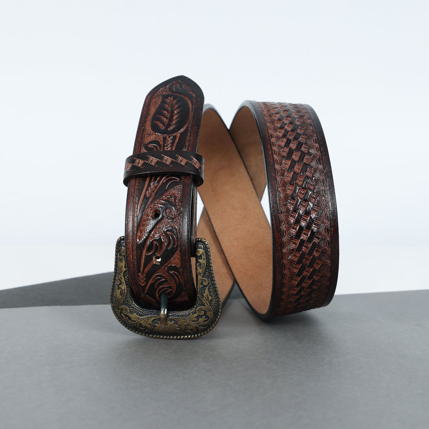 Berbanto Two Tone Brown Leather Western Belt with Western Engraved Brass Buckle + Free Antique Plain Buckle