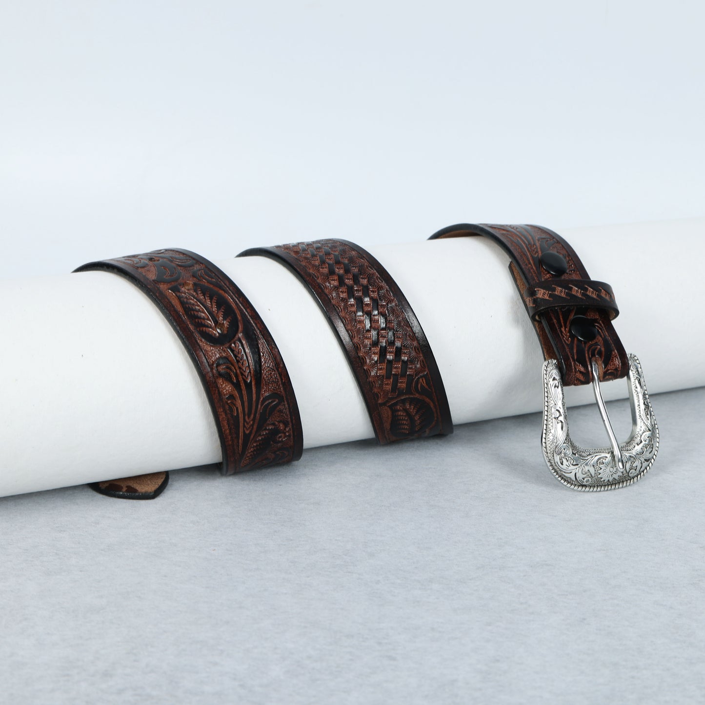 Berbanto Two Tone Brown Leather Western Belt with Western Engraved Silver Buckle + Free Antique Plain Buckle