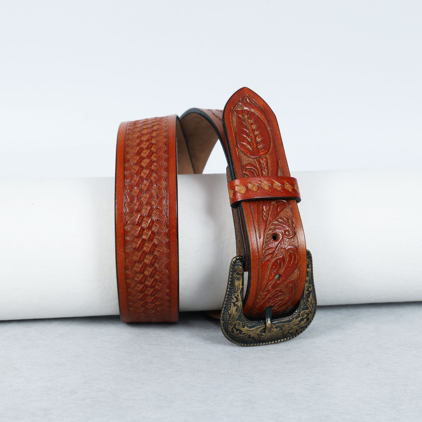 Berbanto Two Tone Tan Leather Western Belt with Western Engraved Brass Buckle + Free Antique Plain Buckle